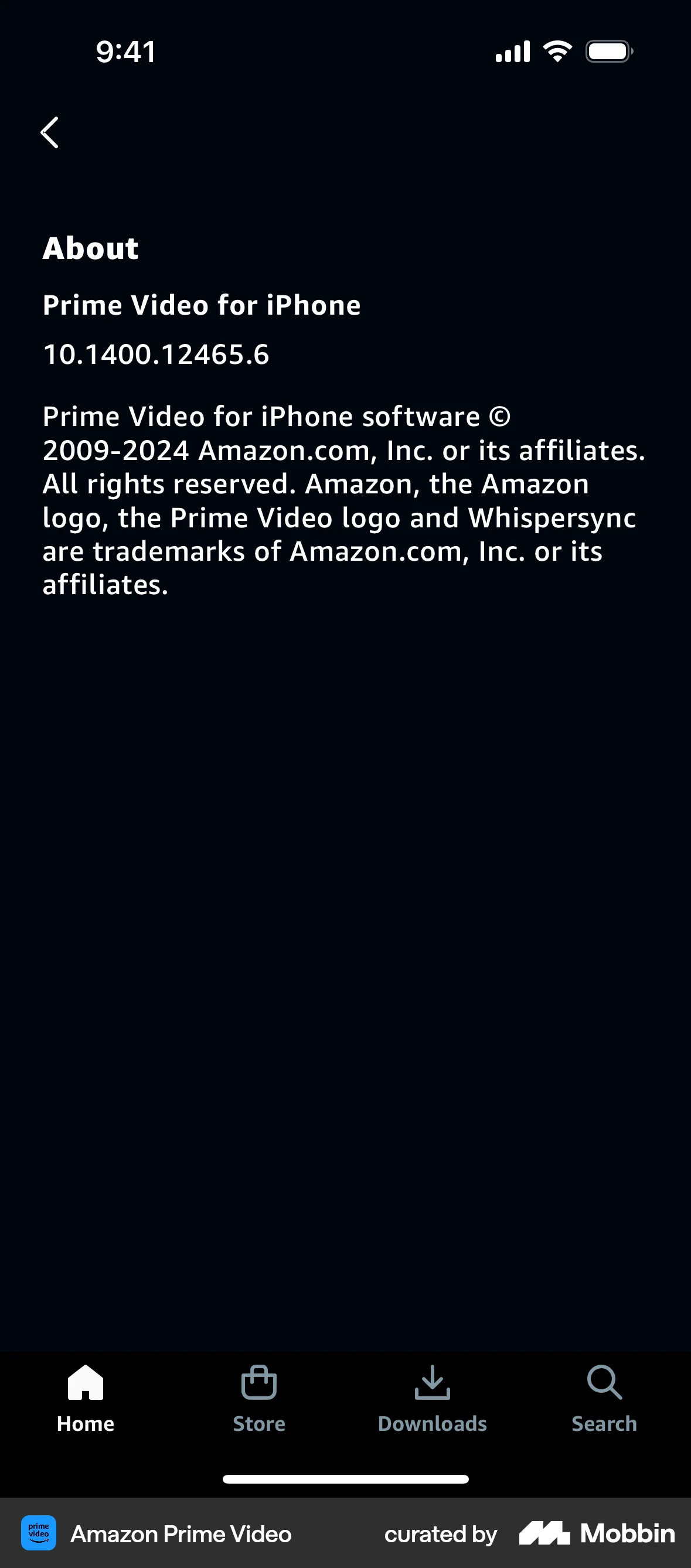 Prime Video iOS About screen