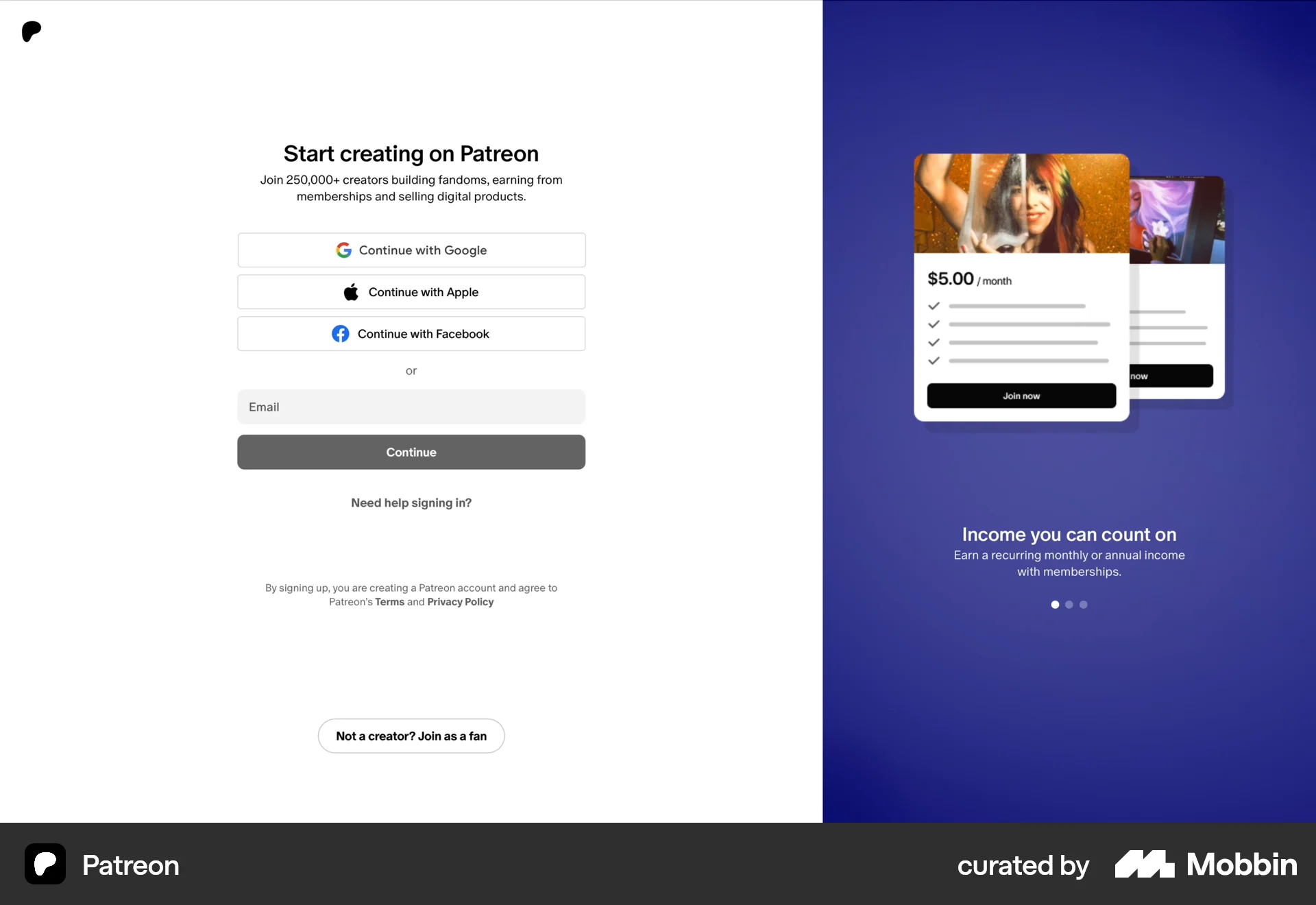 Patreon Web Signup screen