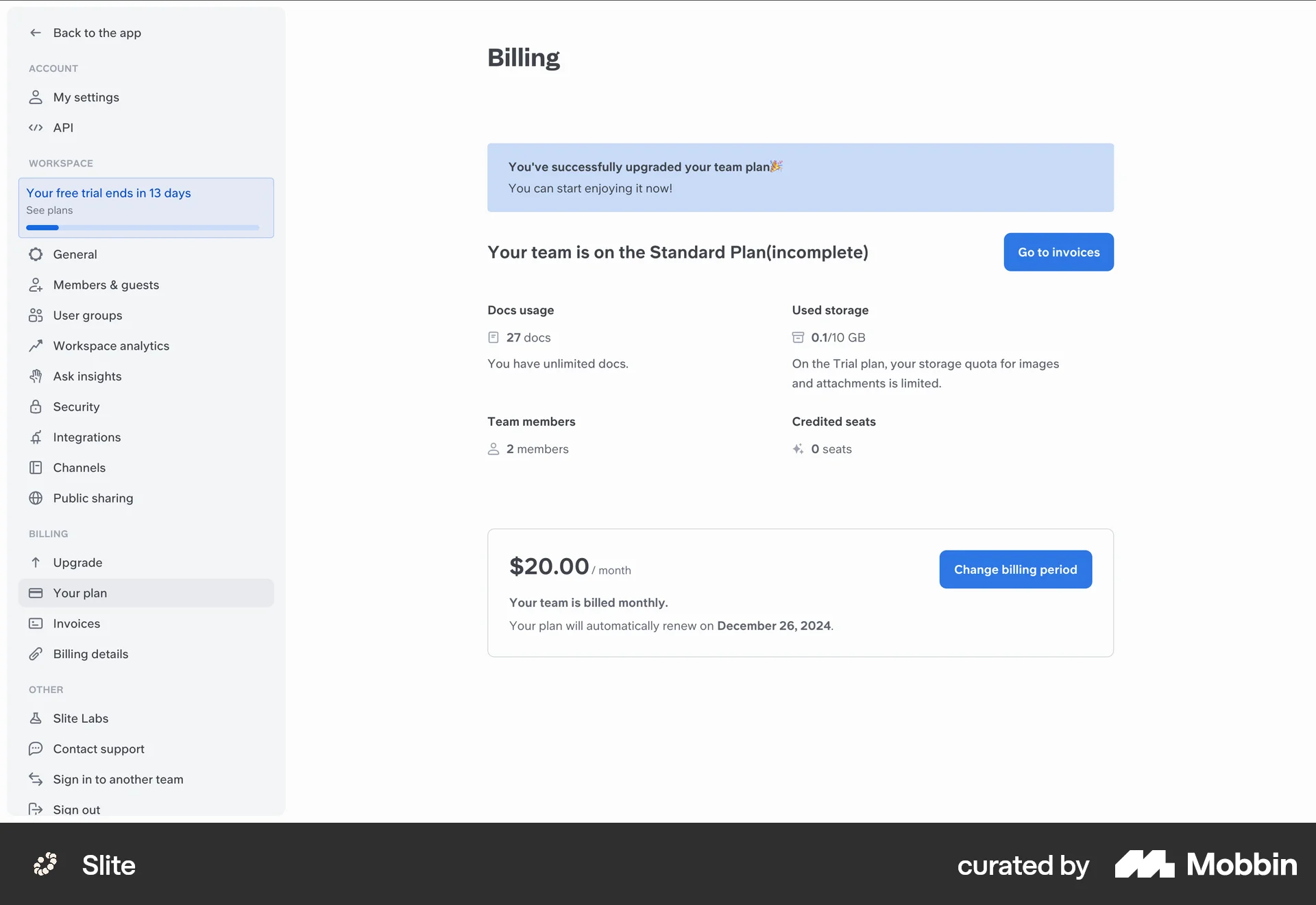 Slite Web Billing screen