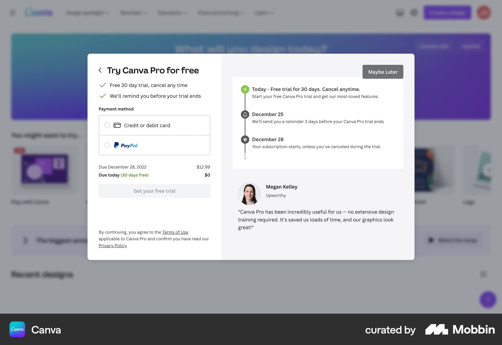 Canva Web Payment Method screen
