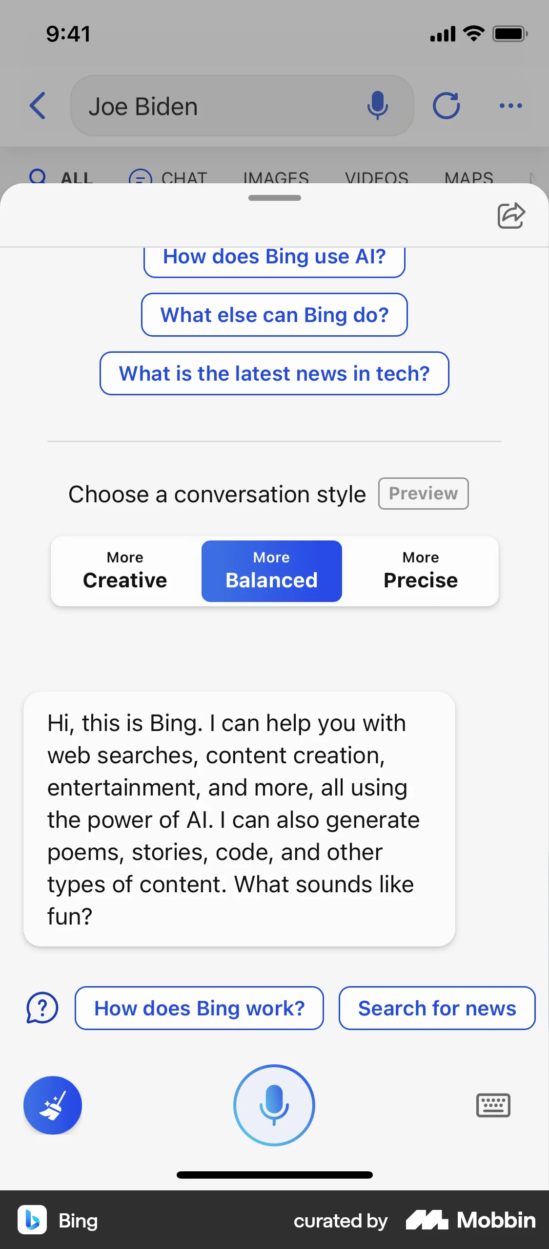 Bing iOS Chat Bot screen