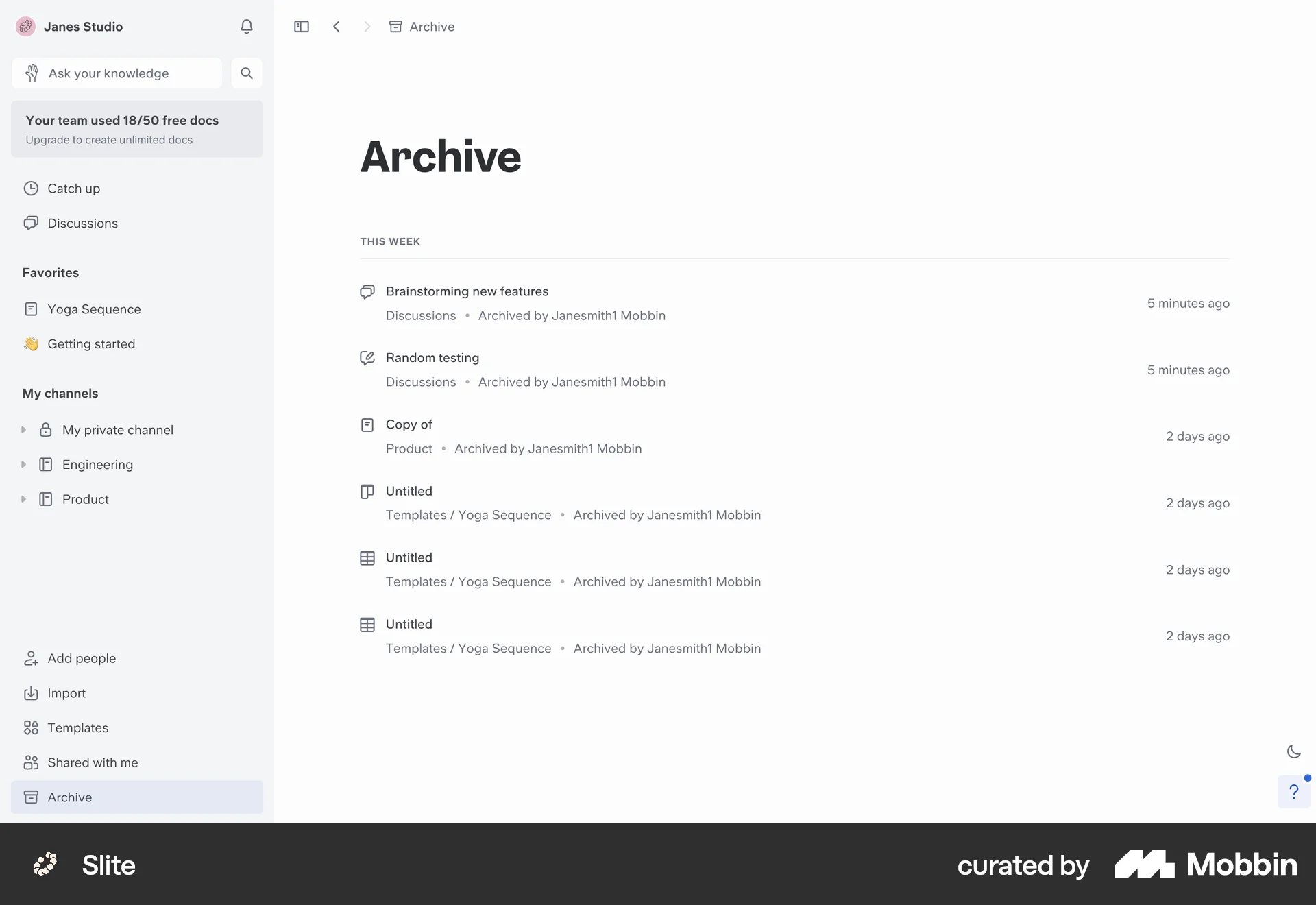 Slite Web Trash & Archive screen