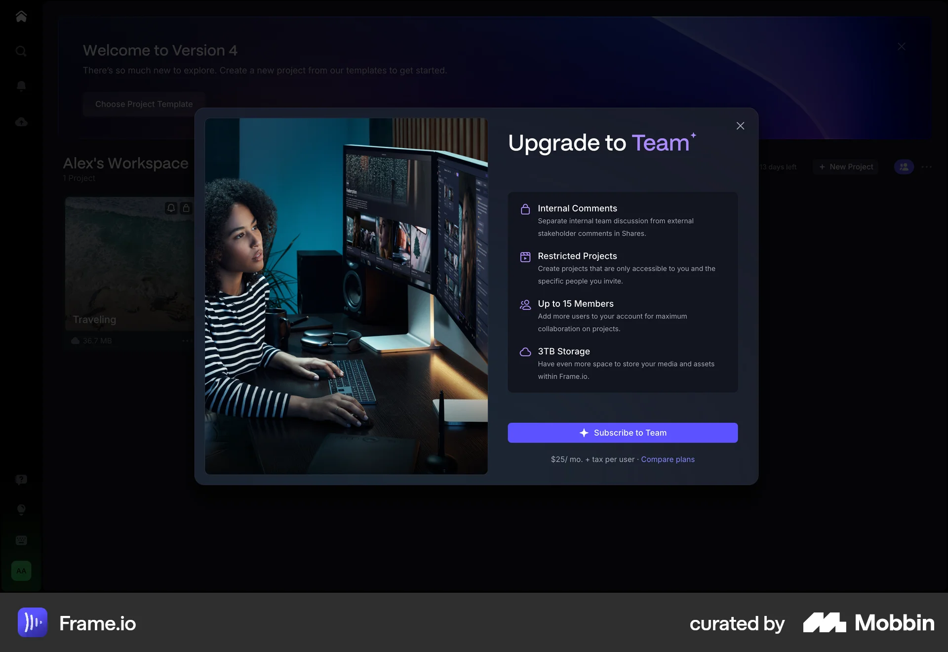Frame.io Web Feature Info screen