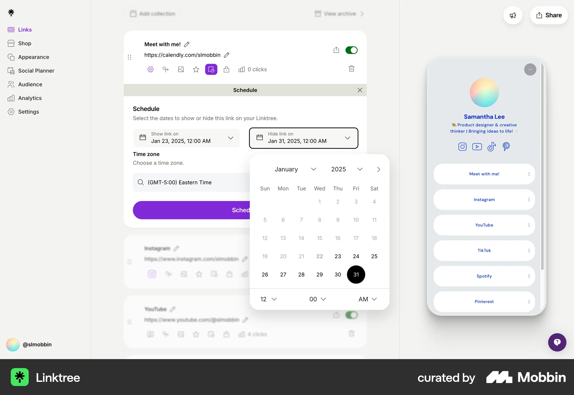Linktree Web screen containing Time Picker UI element