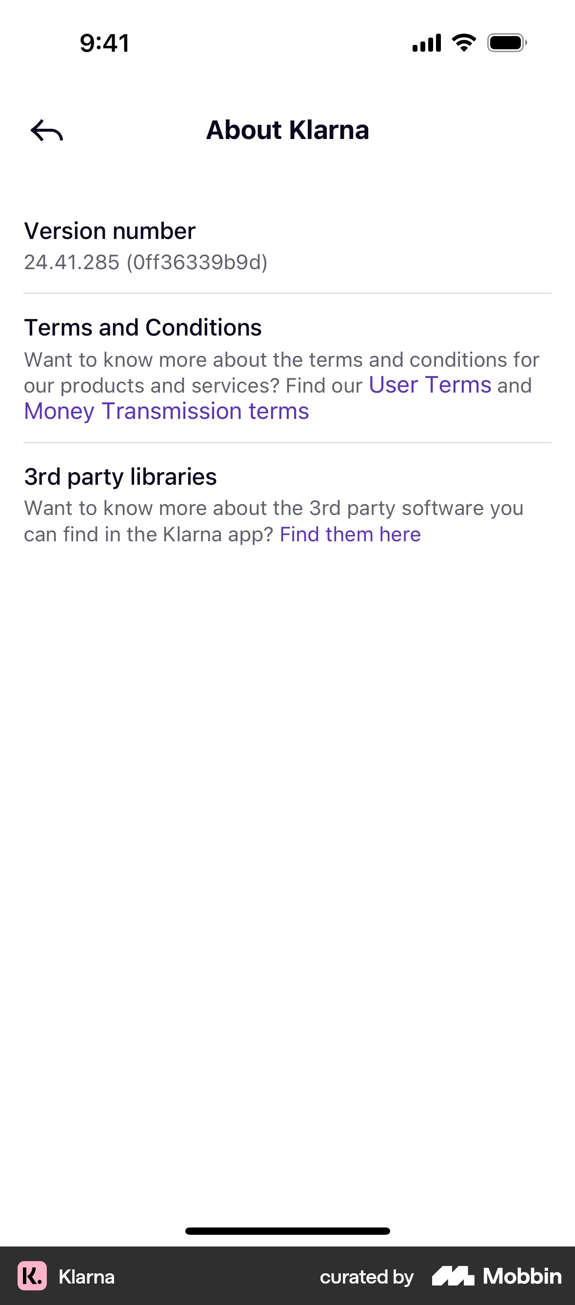Klarna iOS About screen