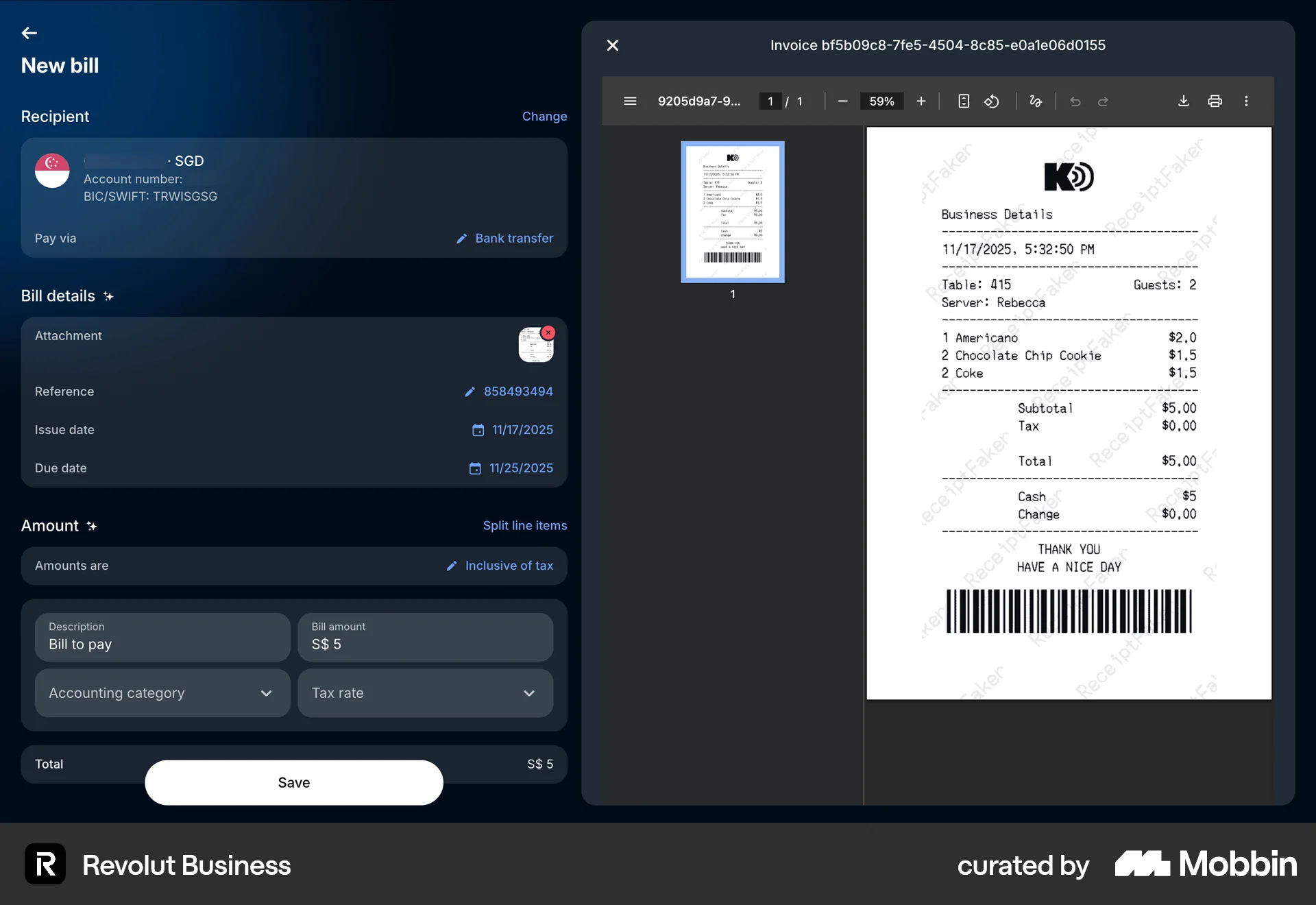 Revolut Business Adding a bill screen