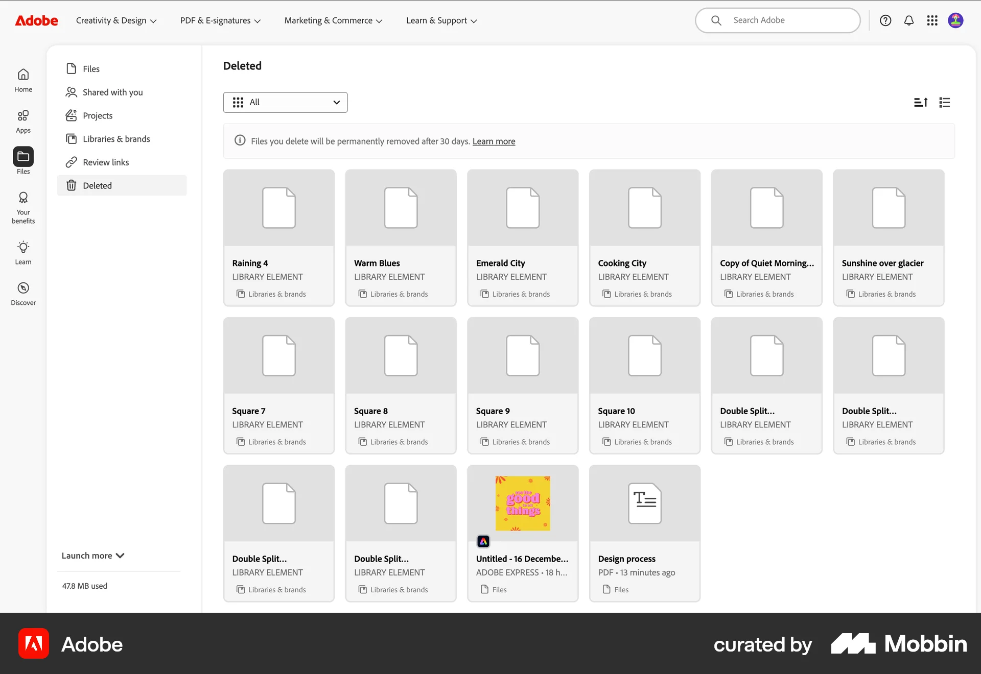 Adobe Web Trash & Archive screen