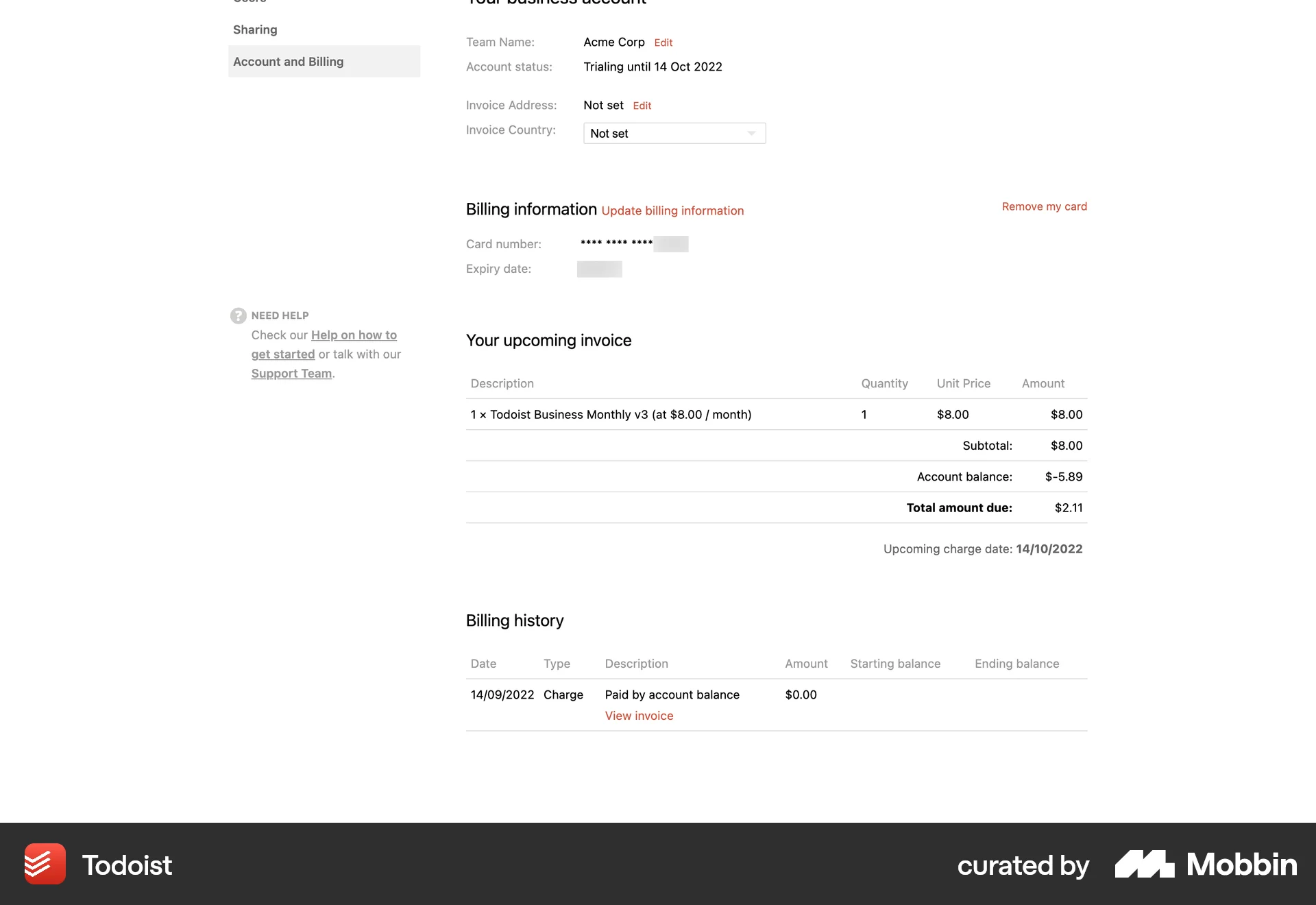 Todoist Web Order History screen