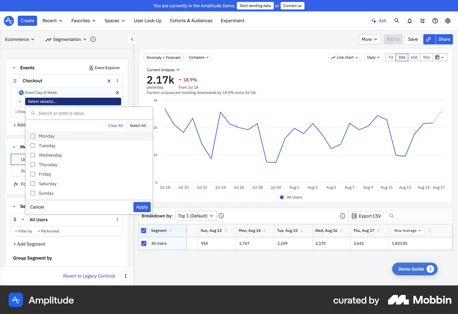 Amplitude Web screen containing Combobox UI element
