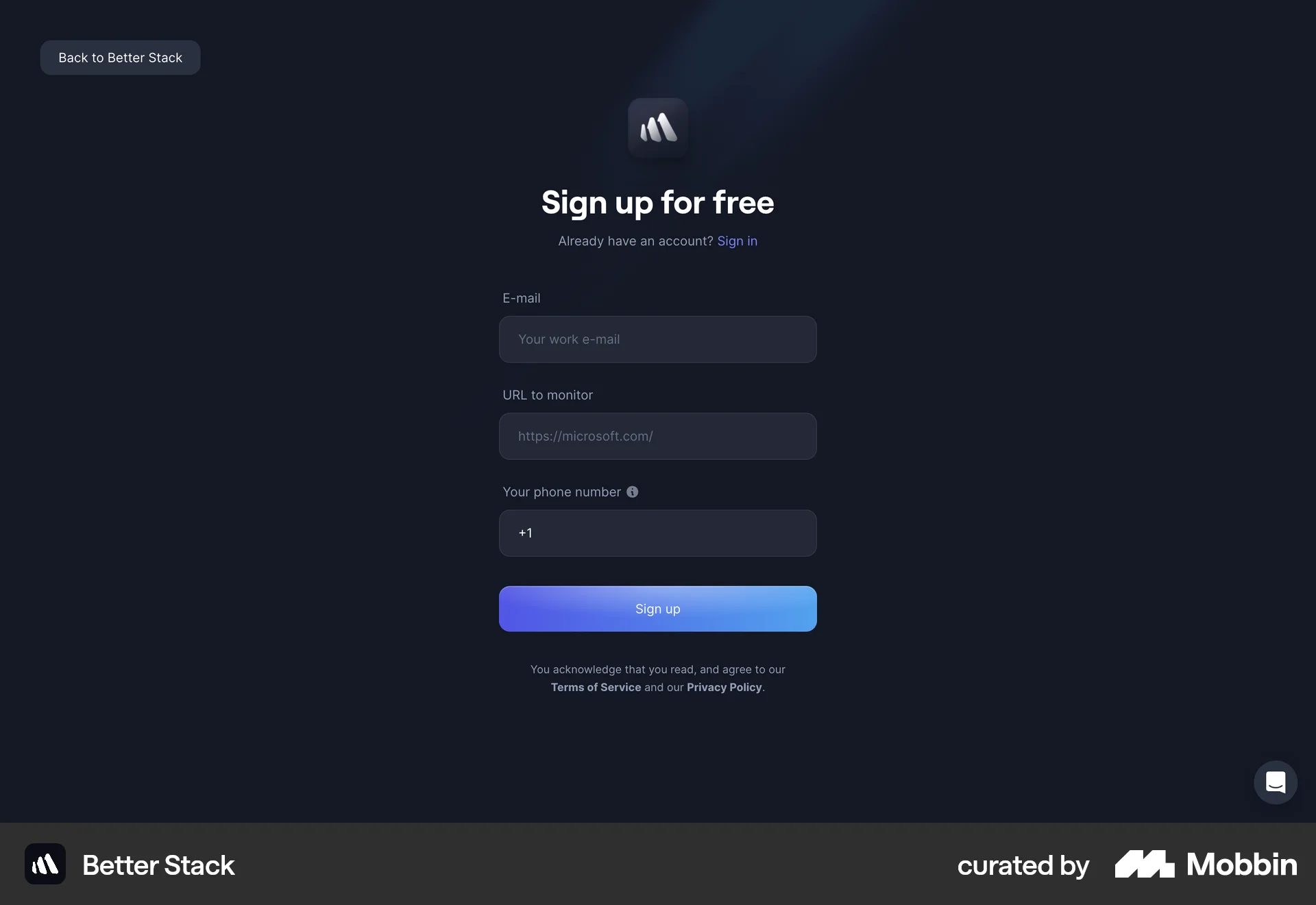 Better Stack Web Signup screen