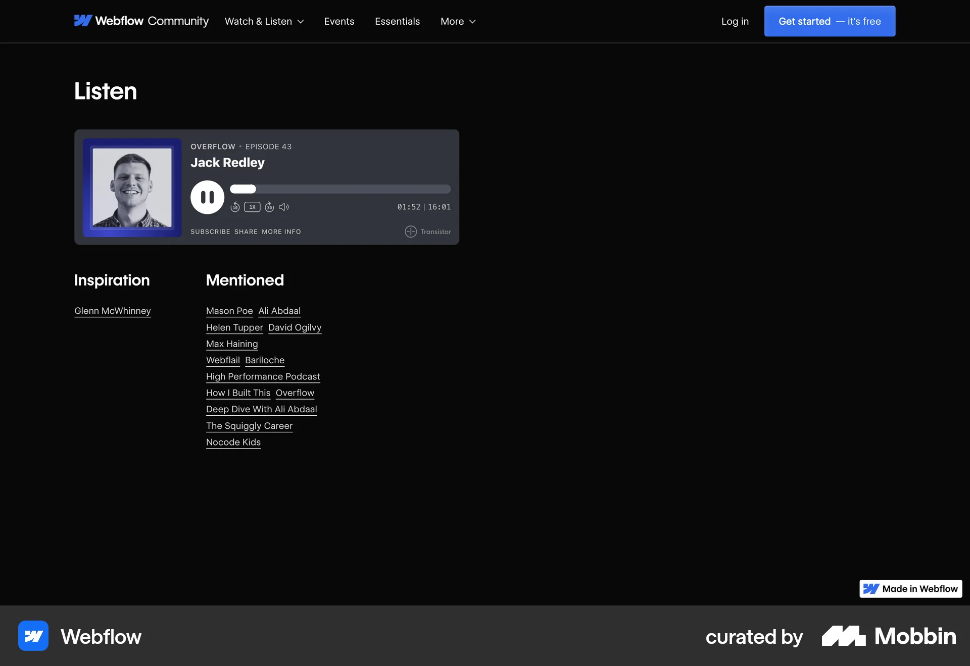 Webflow Web Song & Podcast Detail screen