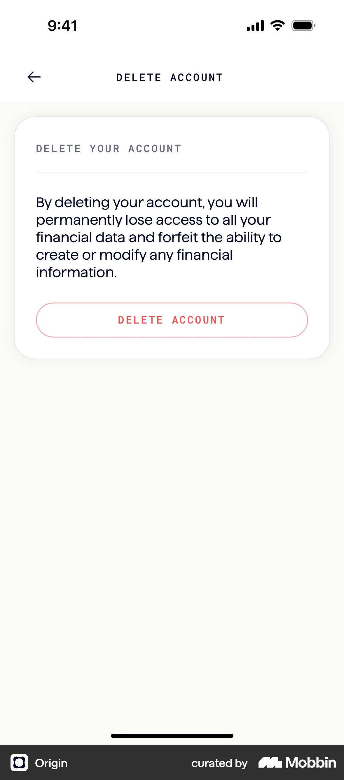 Origin iOS Delete & Deactivate Account screen
