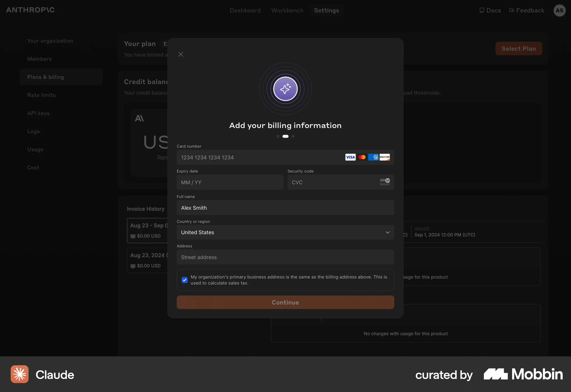 Claude Web Payment Method screen