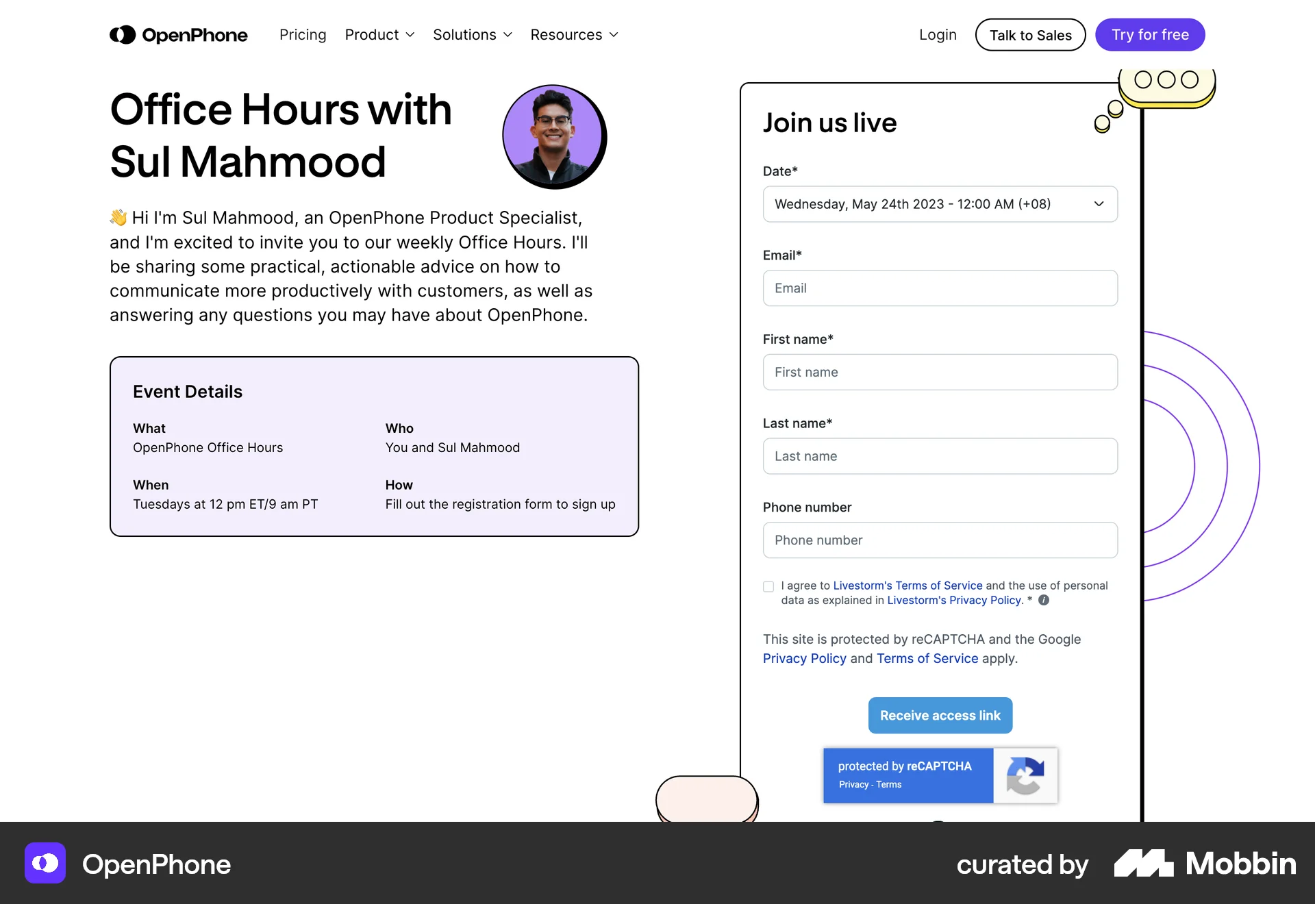 OpenPhone Web Event Detail screen
