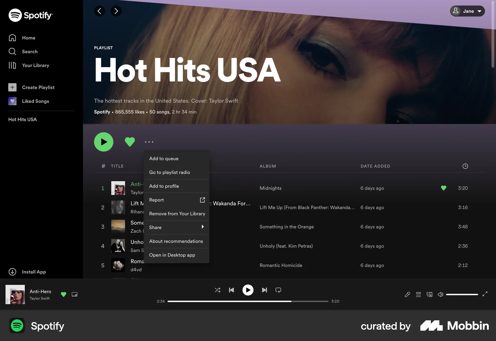 Spotify Web screen containing Dropdown Menu UI element