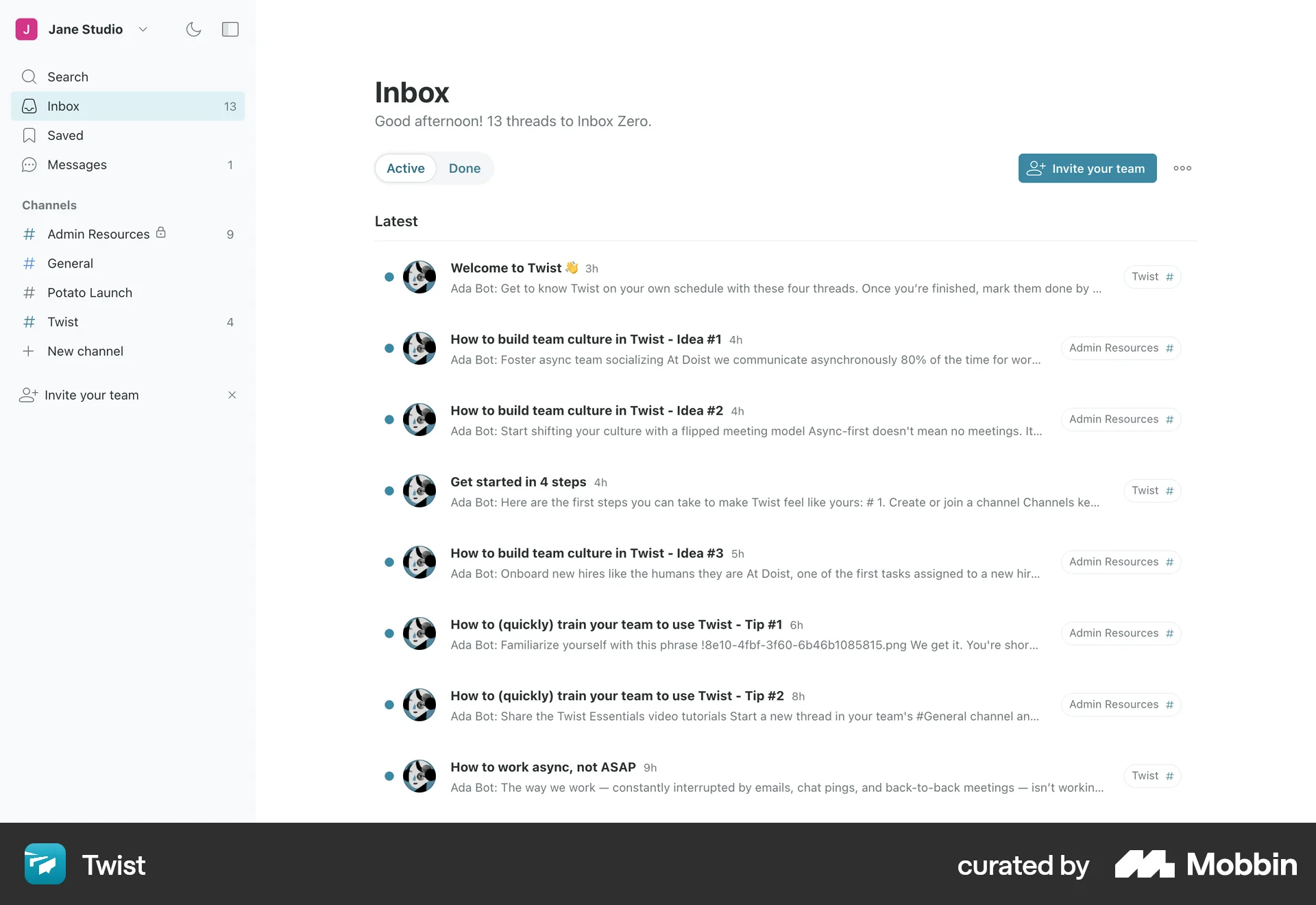 Twist Web Emails & Messages screen