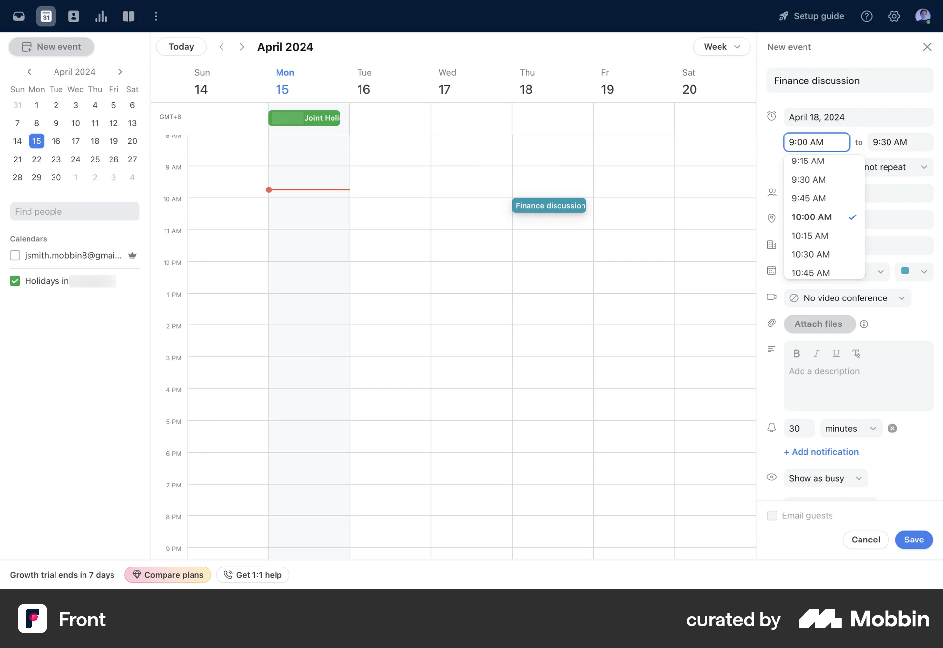 Front Web screen containing Time Picker UI element