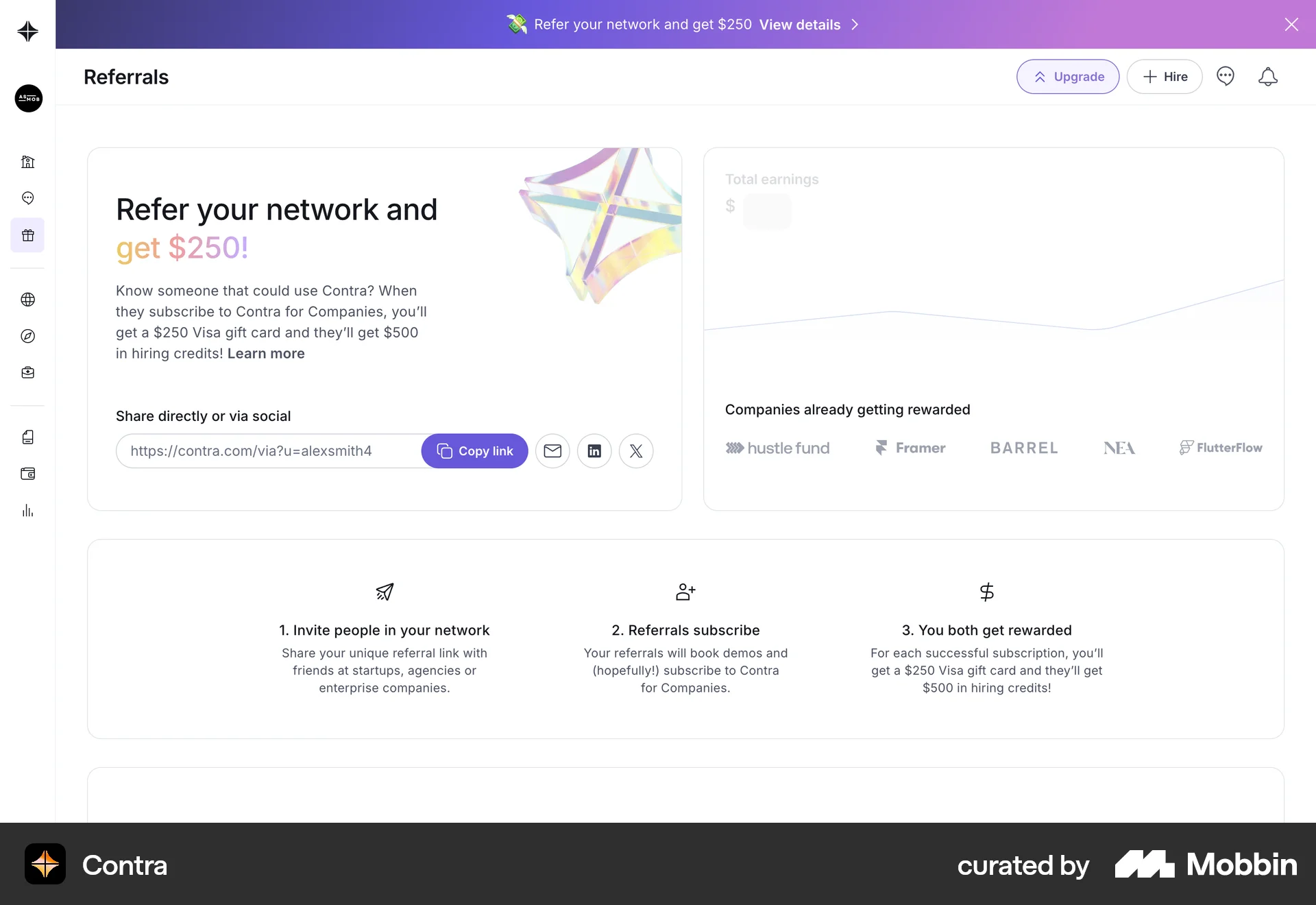 Contra Web Invite & Refer Friends screen