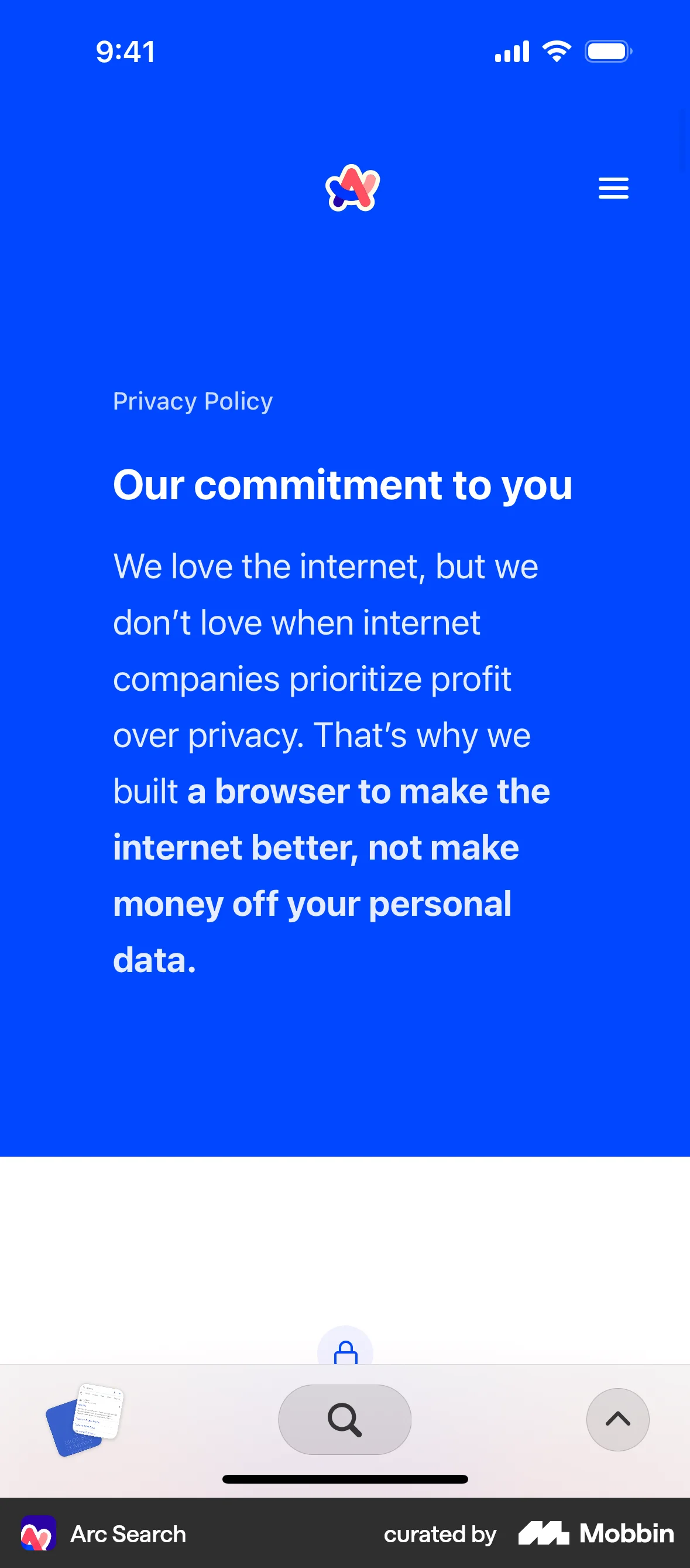 Arc Search iOS Privacy Policy screen