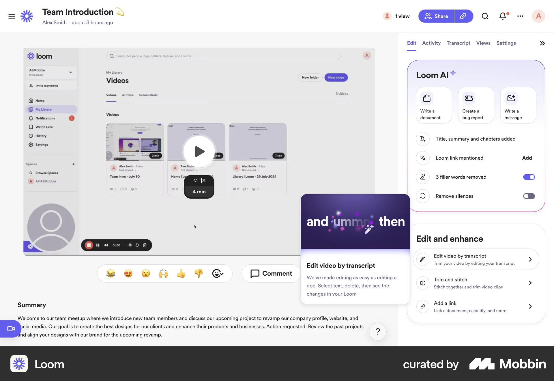 Loom Web screen containing Tooltip UI element