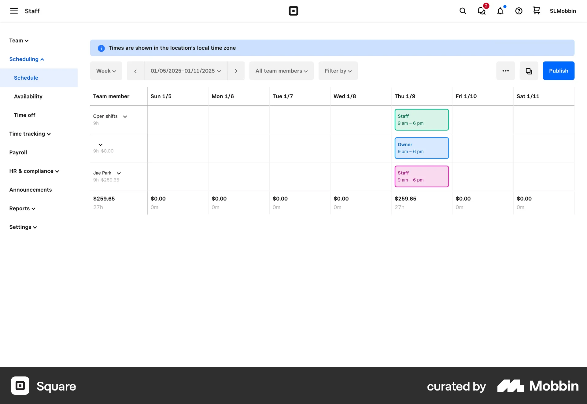 Square Web Timeline & History screen