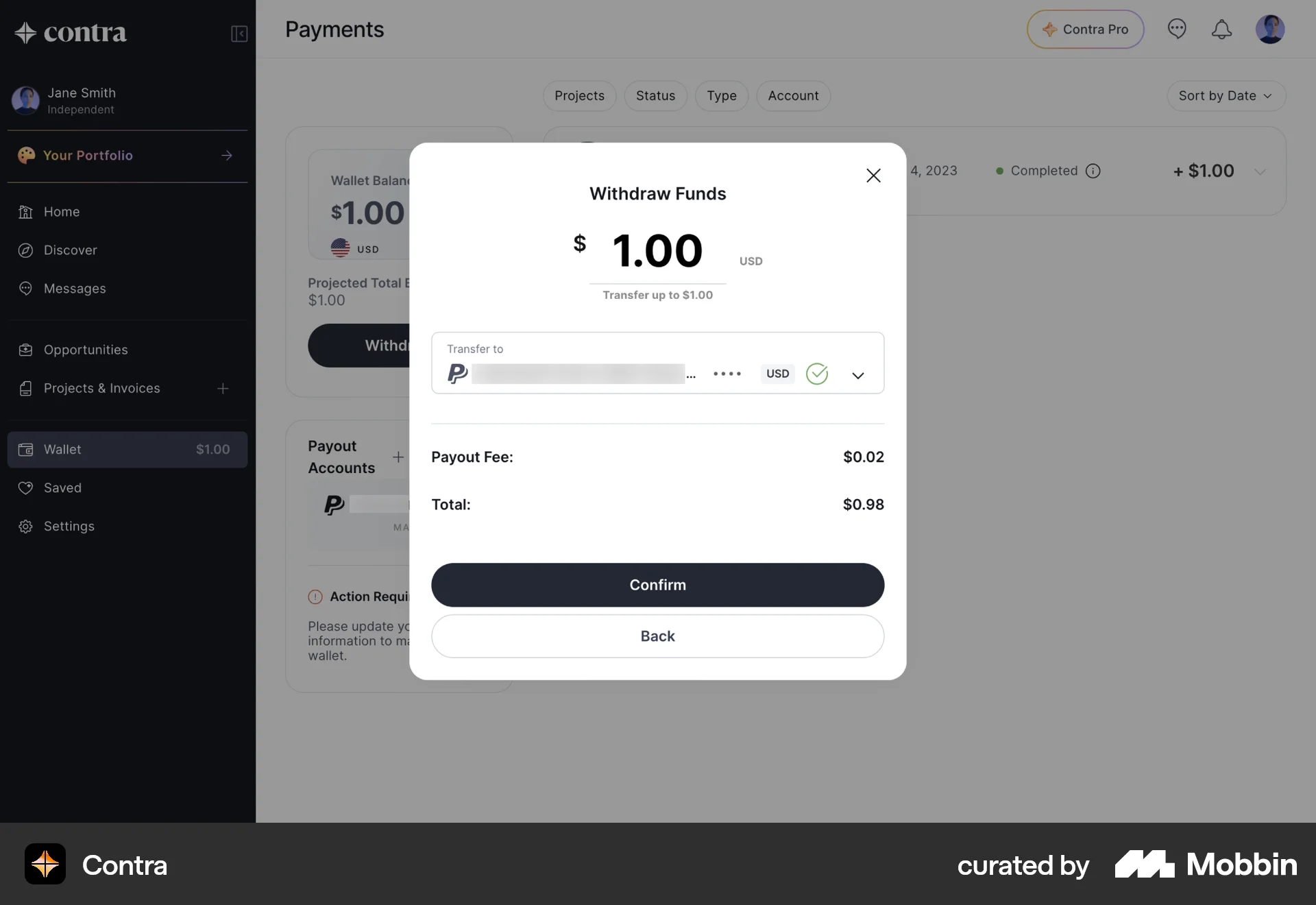 Contra Web Transfer & Send Money screen
