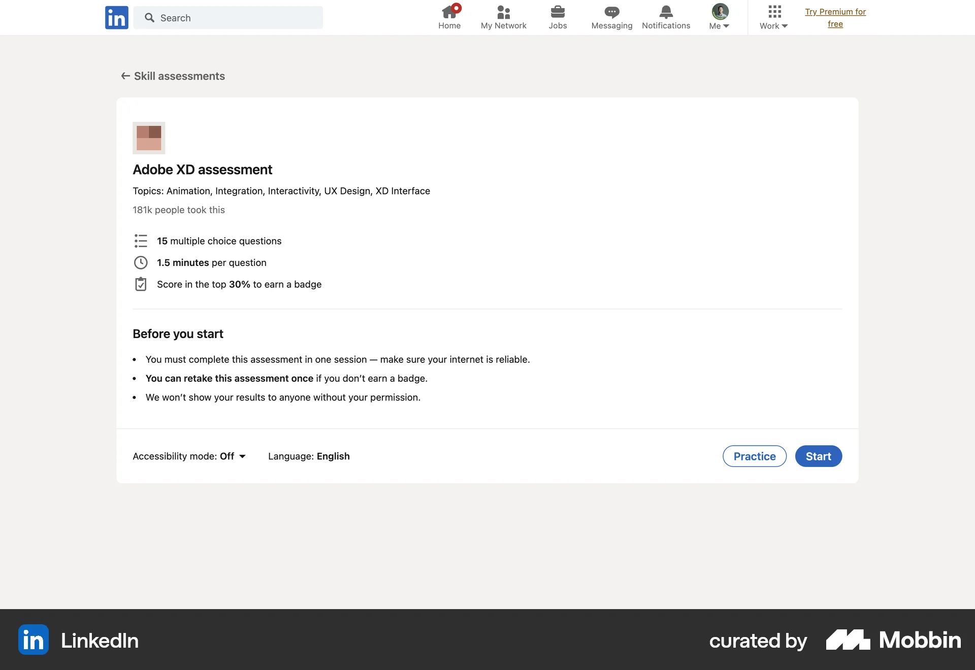 LinkedIn Web Quiz screen