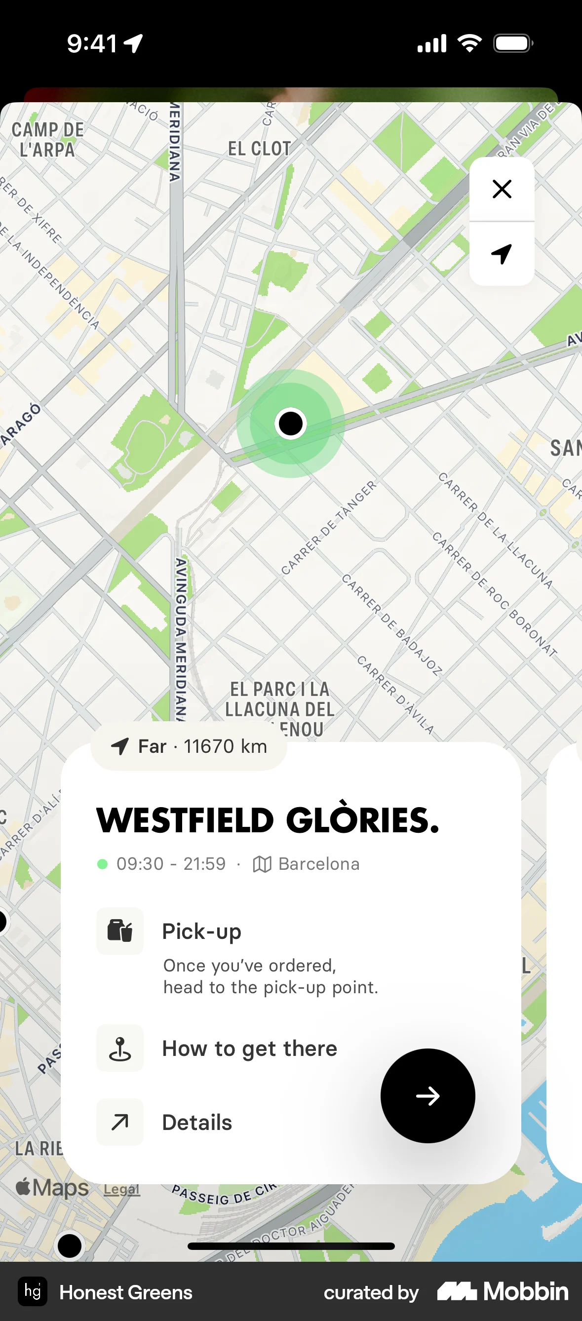 Honest Greens iOS screen containing Map Pin UI element