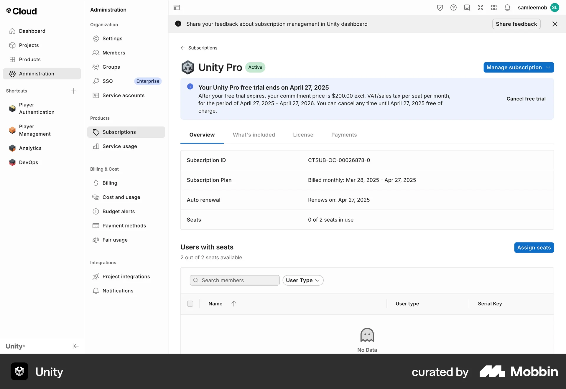 Unity Web Billing screen