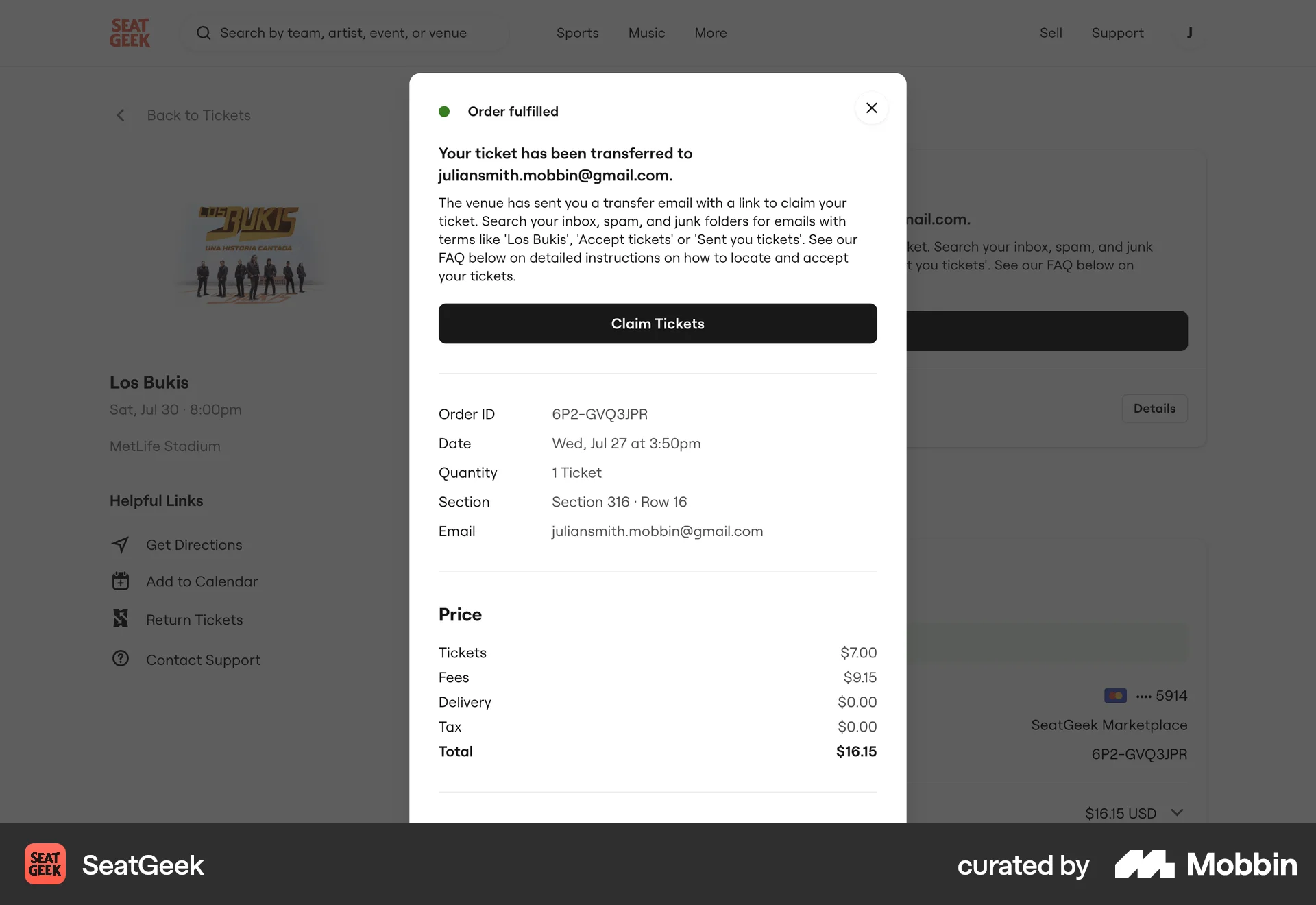 SeatGeek Web Order Detail screen