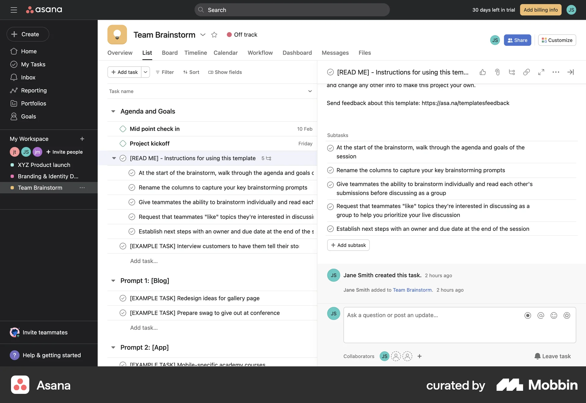 Asana Web Goal & Task screen