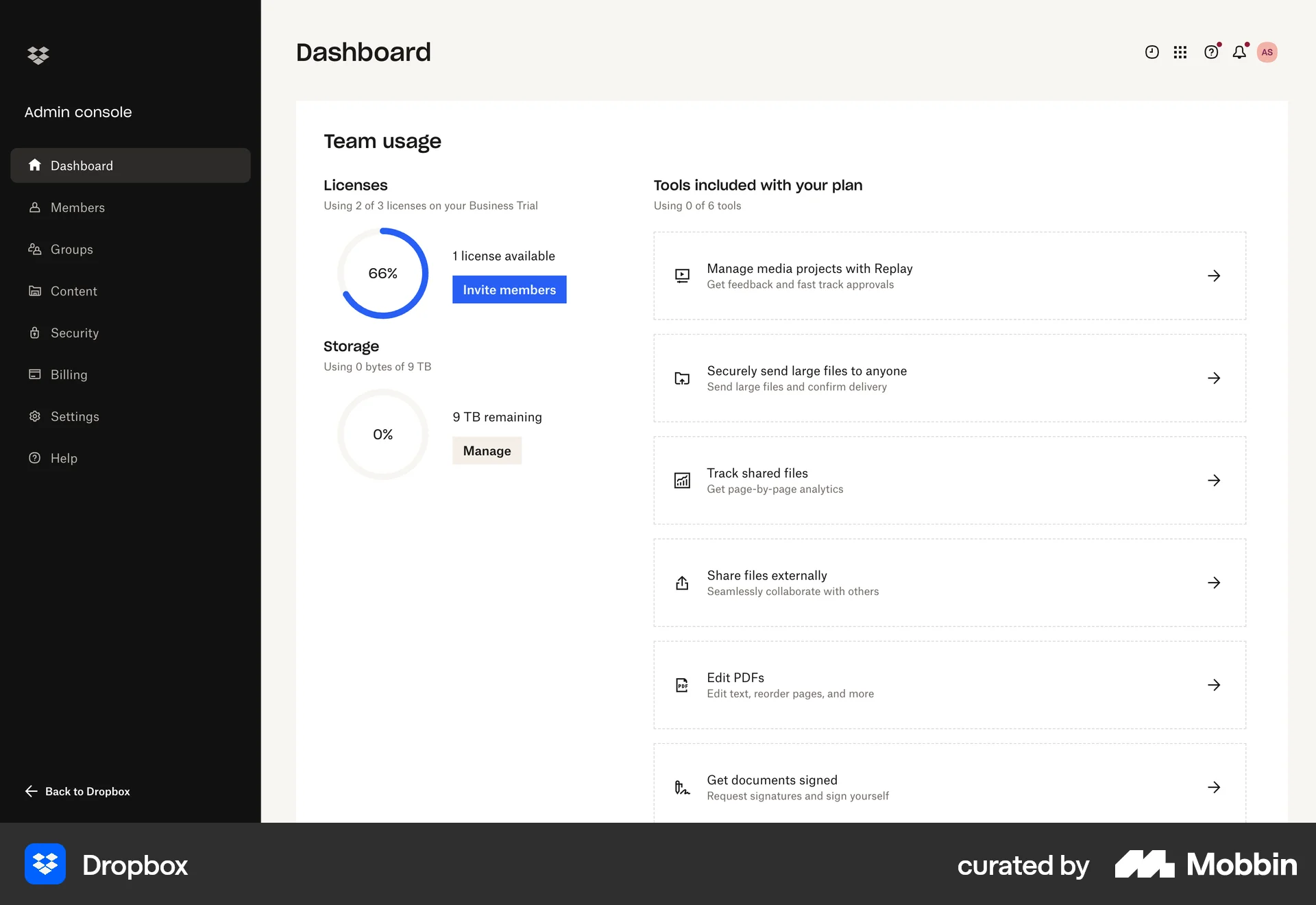 Dropbox Web Admin Dashboard screen