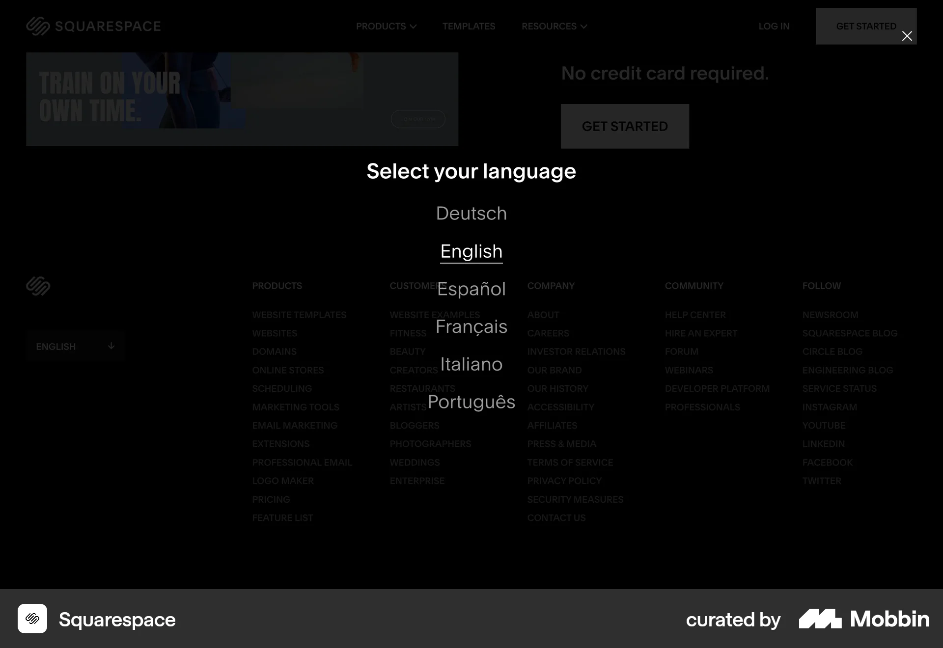 Squarespace Web screen containing Modal UI UI element