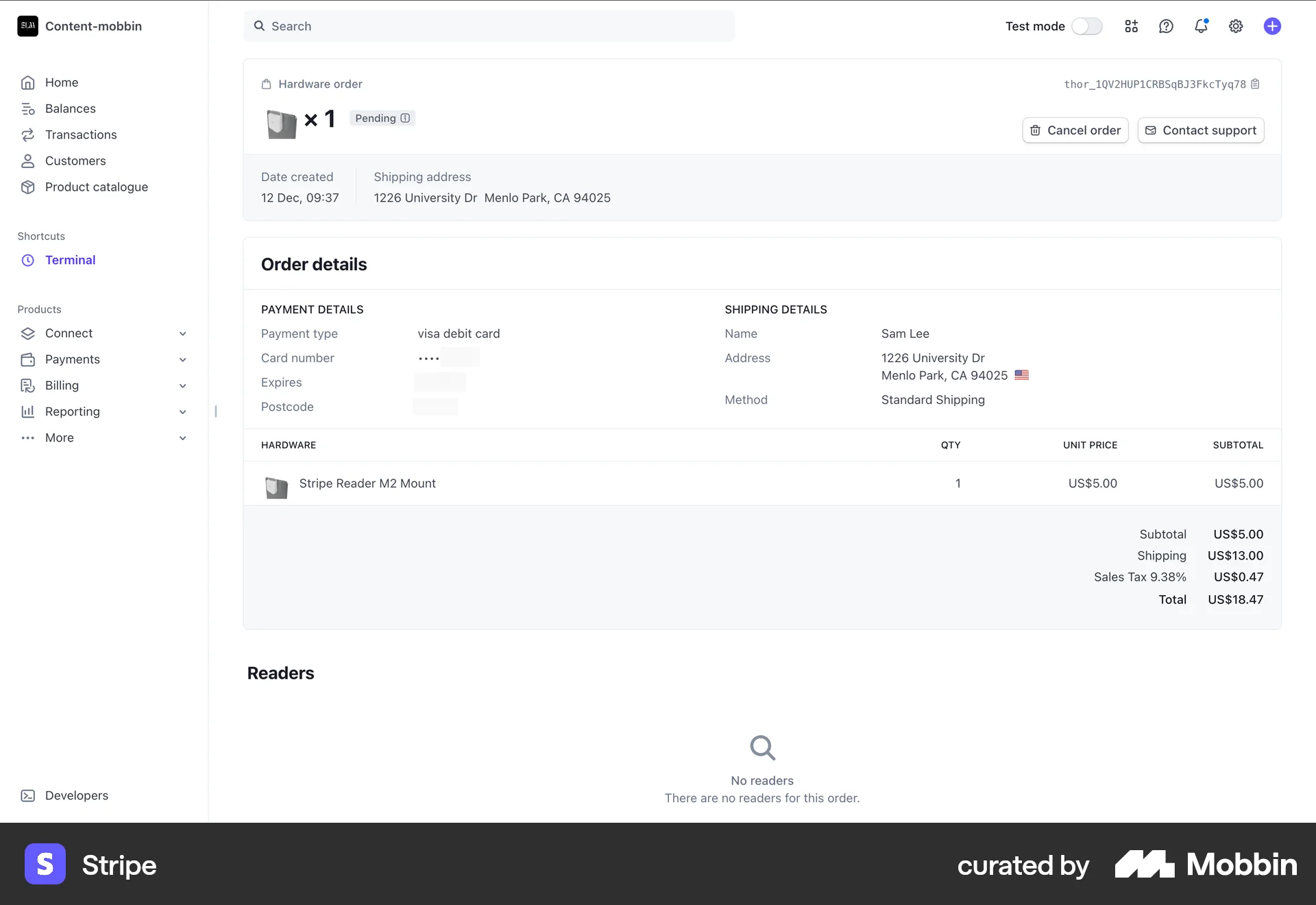 Stripe Web Order Detail screen