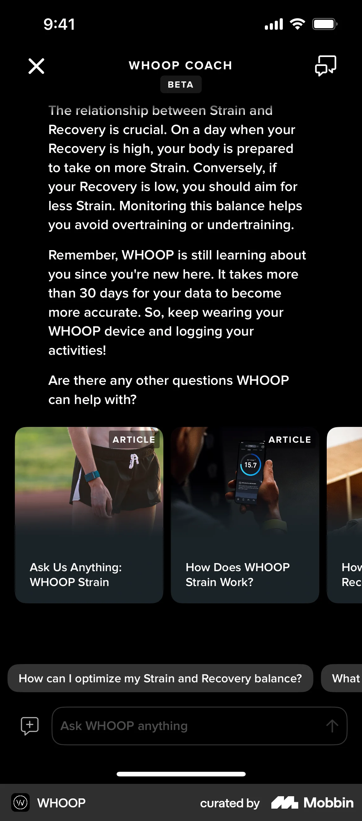 WHOOP iOS Chat Bot screen