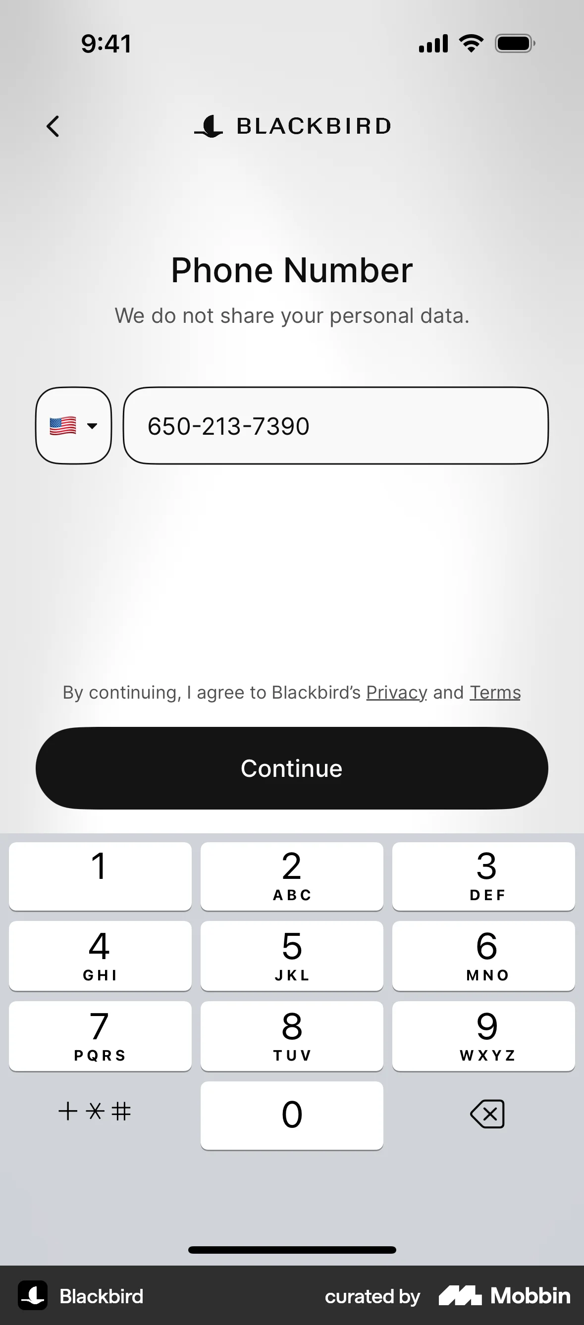 Blackbird iOS Login screen