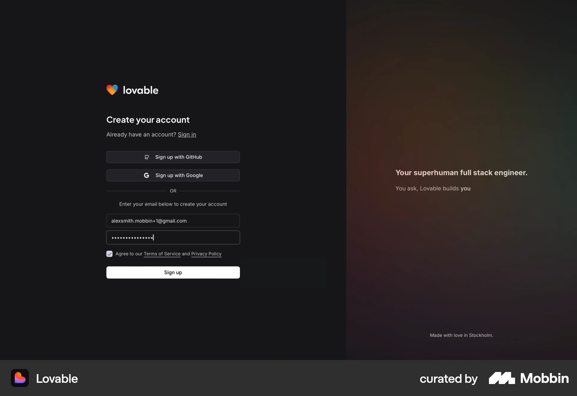 Lovable Web Signup screen