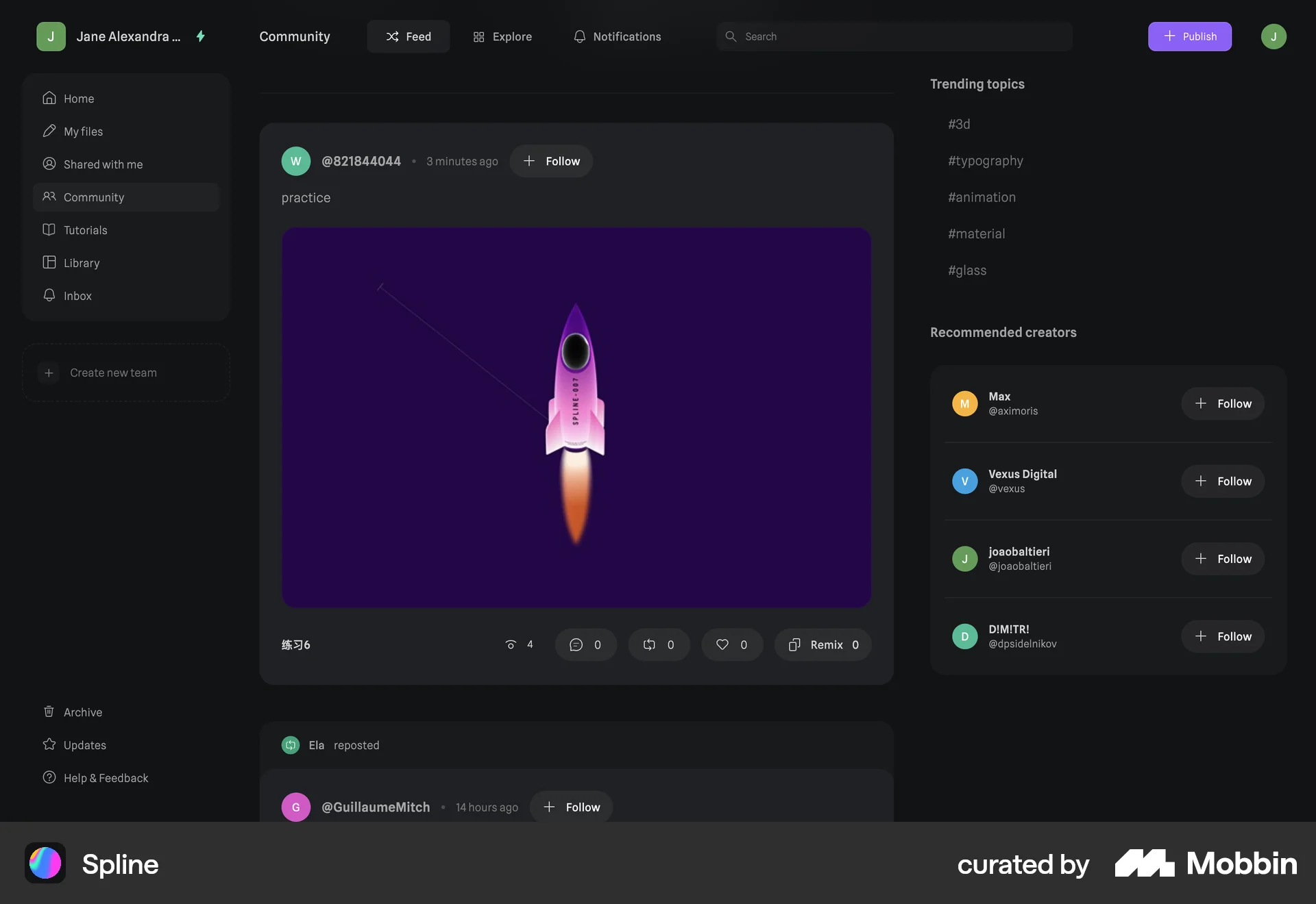 Spline Web Social Feed screen