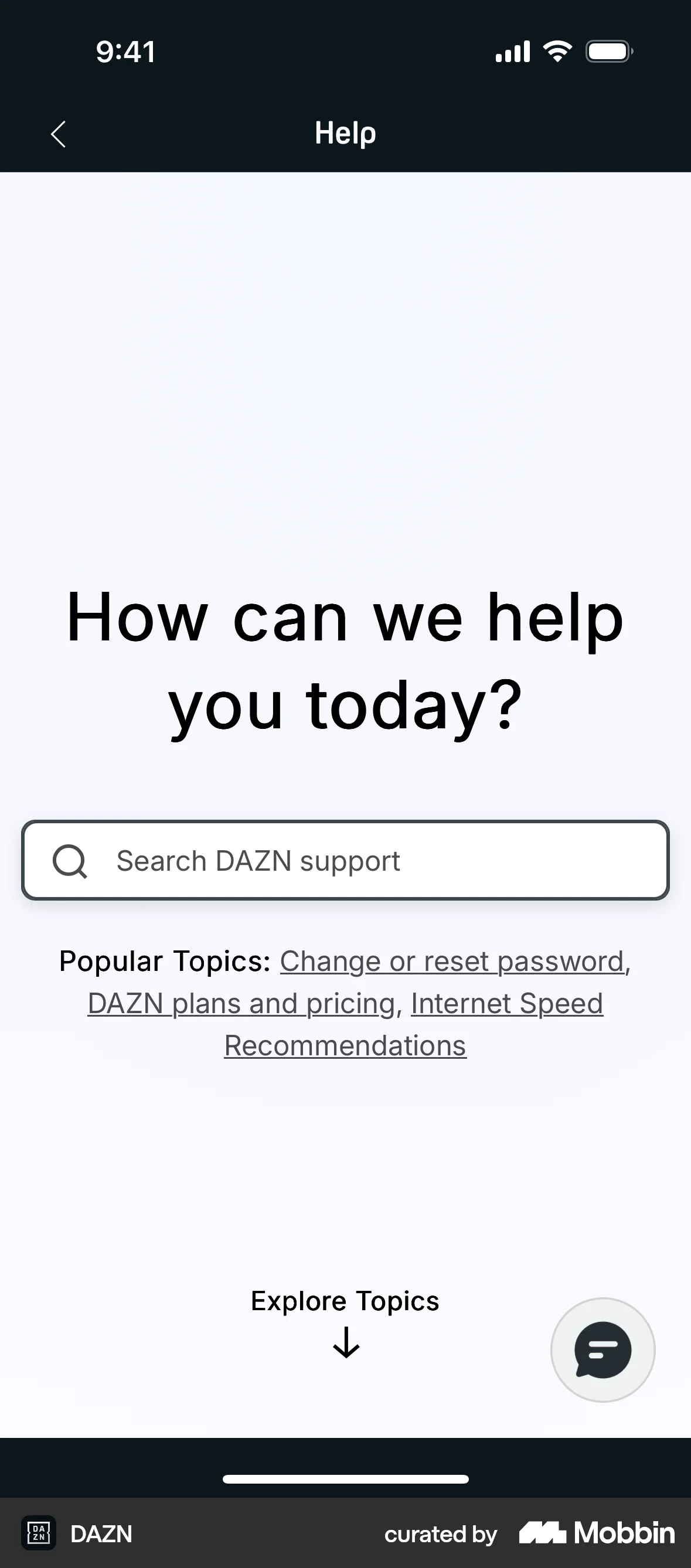 DAZN iOS Help & Support screen