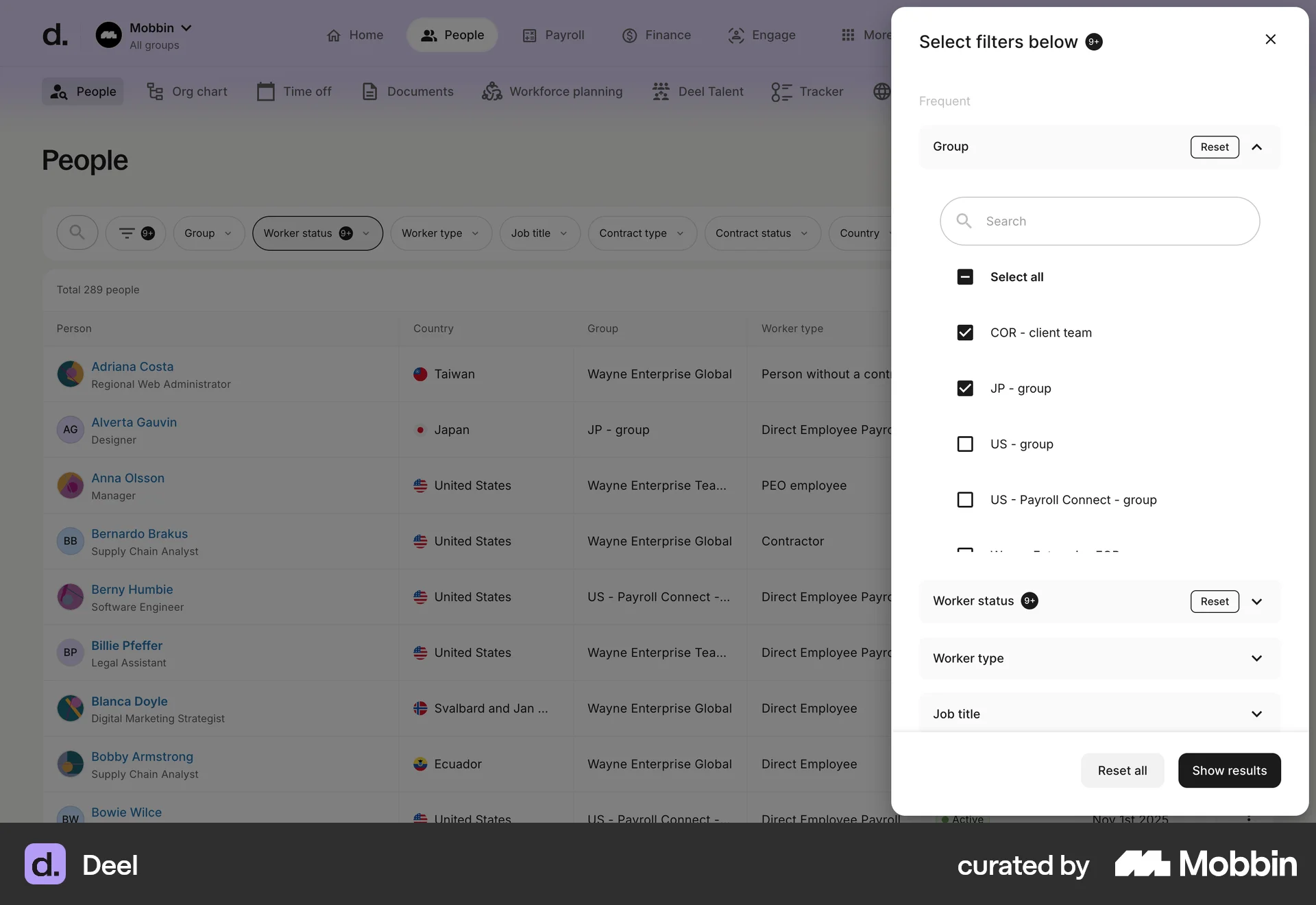 Deel Web screen containing Filter Panel UI UI element