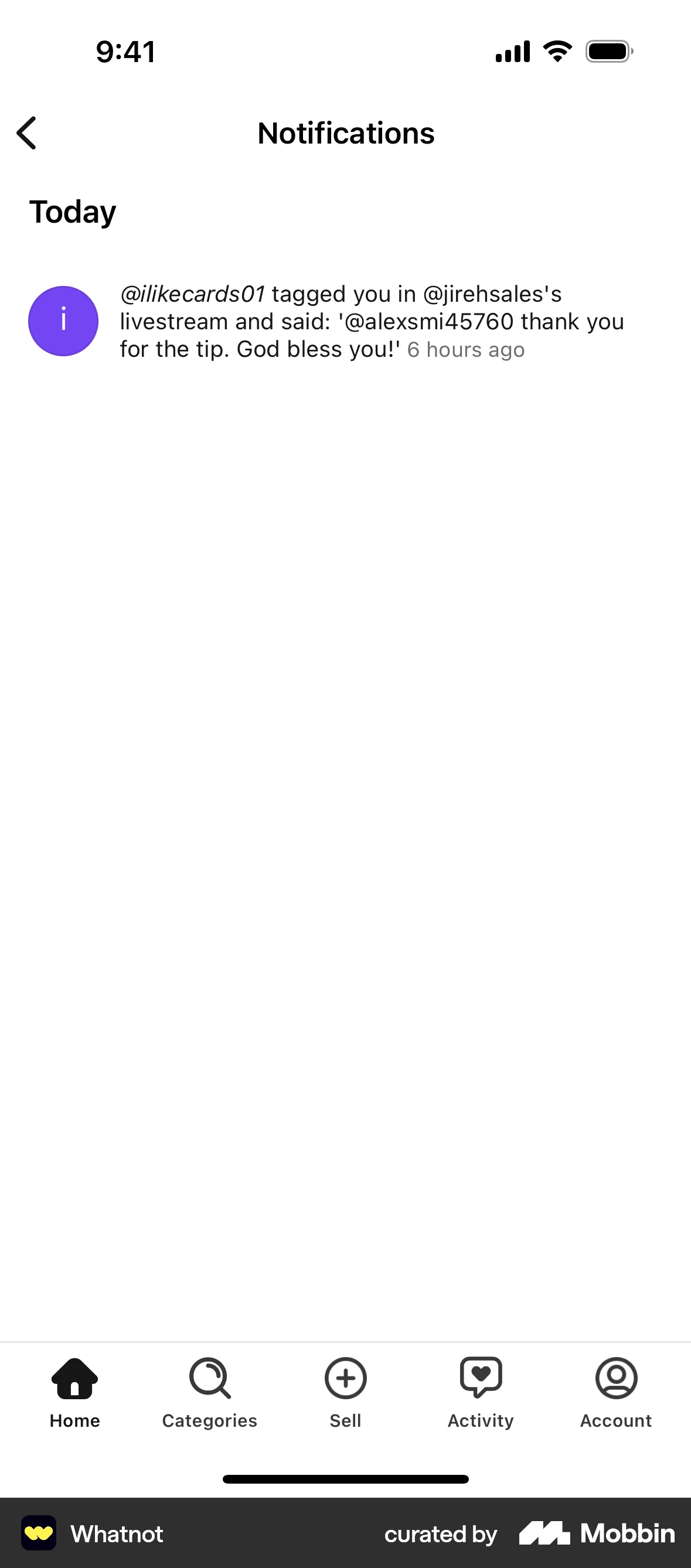 Whatnot iOS Notifications screen