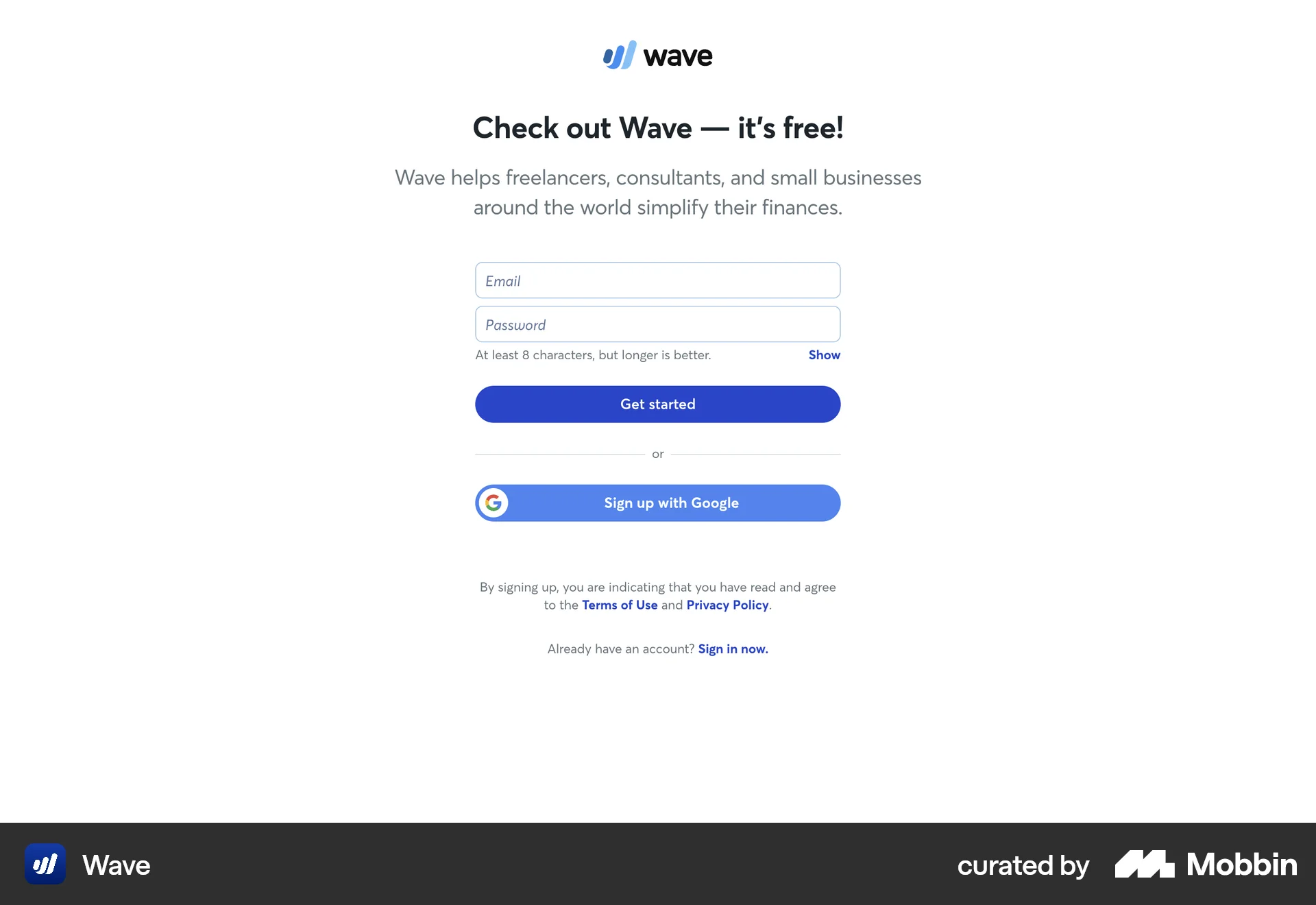 Wave Web Signup screen