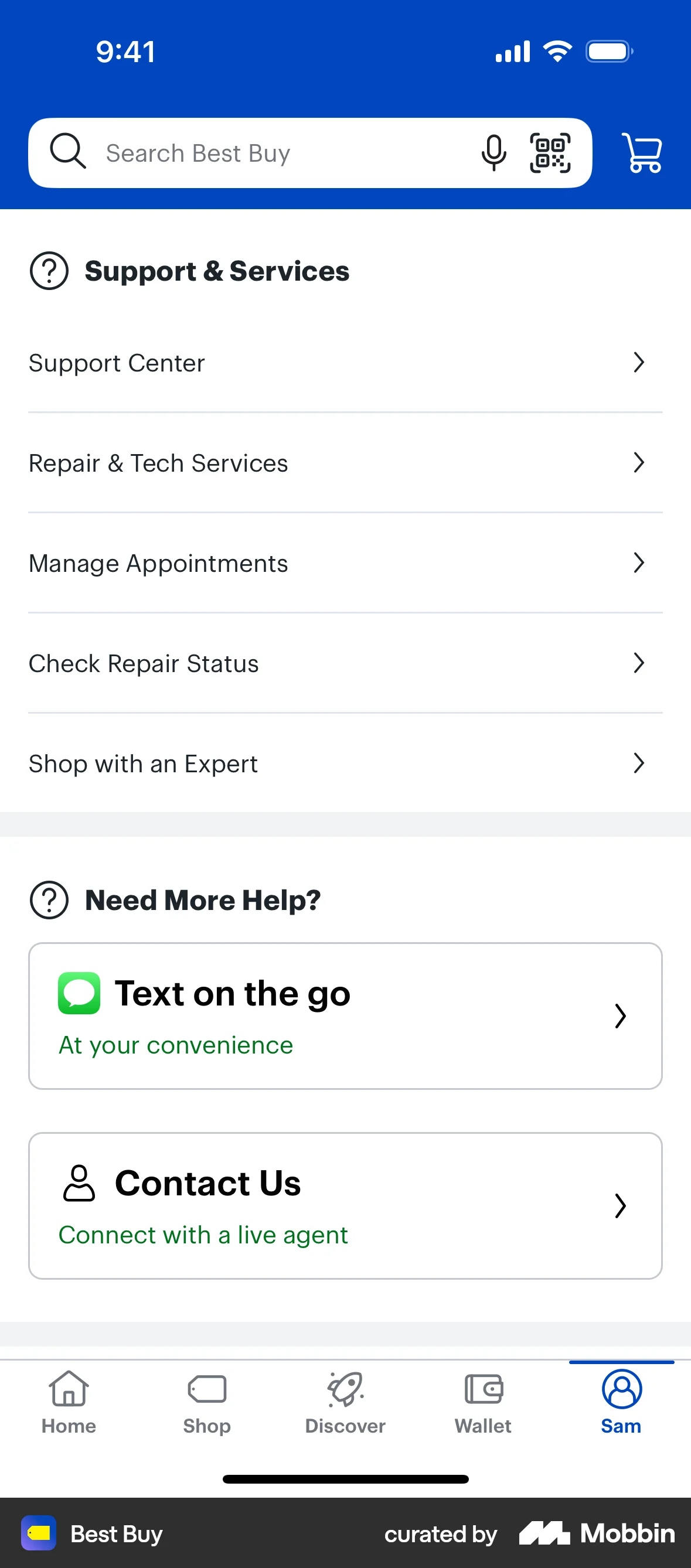 Best Buy iOS Help & Support screen