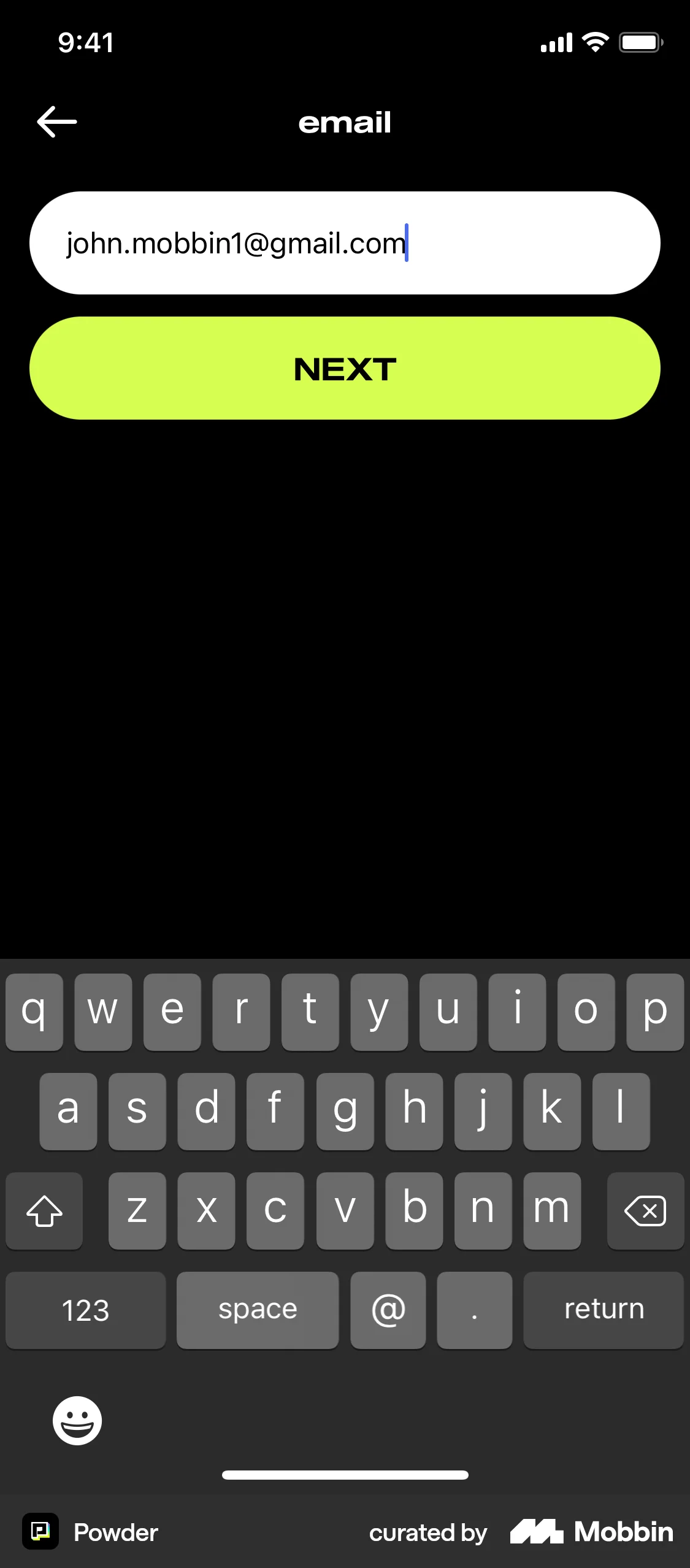 Powder iOS Login screen