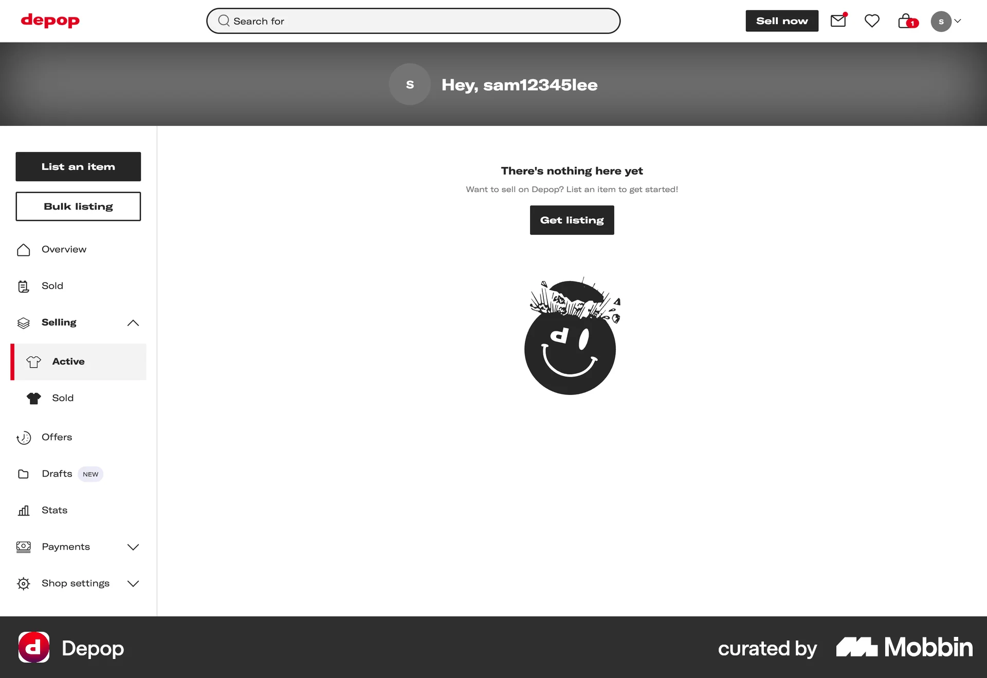 Depop Web Empty State screen