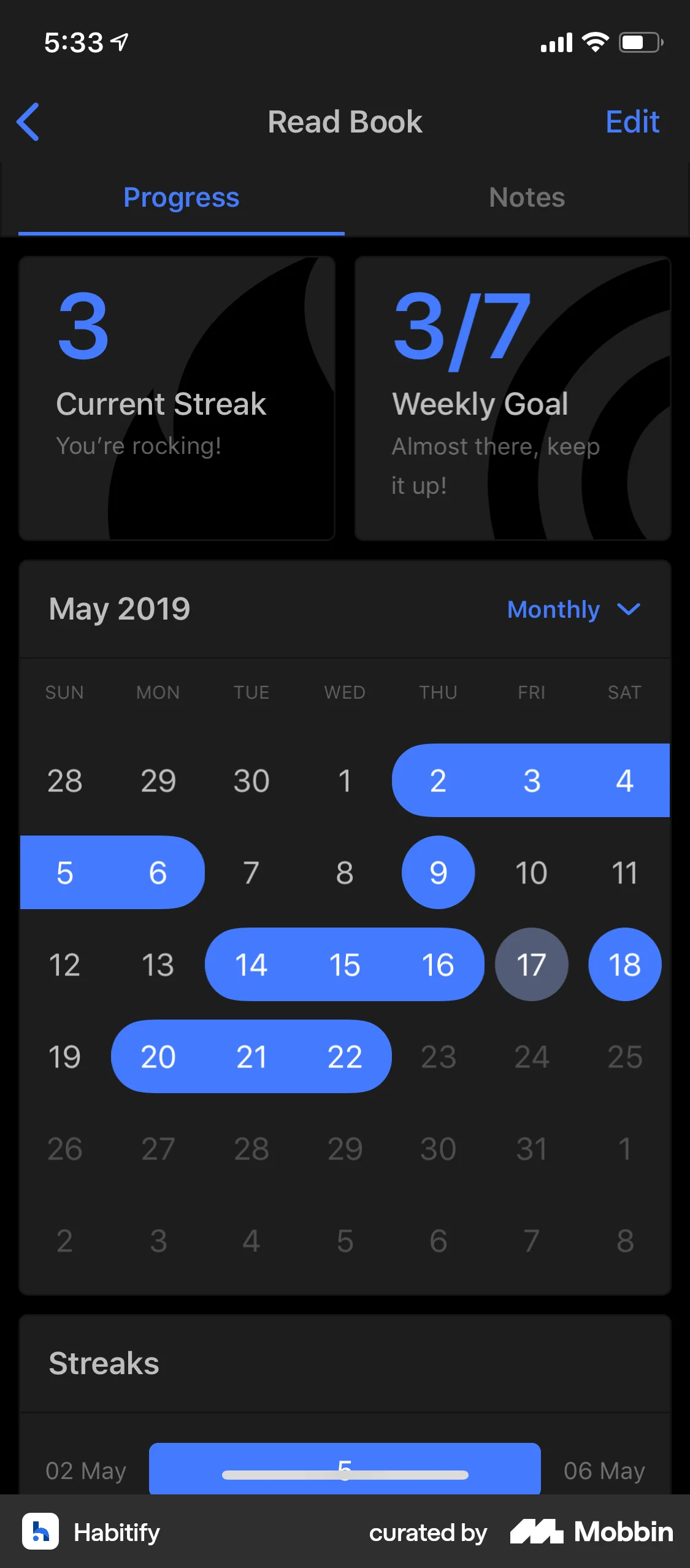 Habitify iOS Note Detail screen