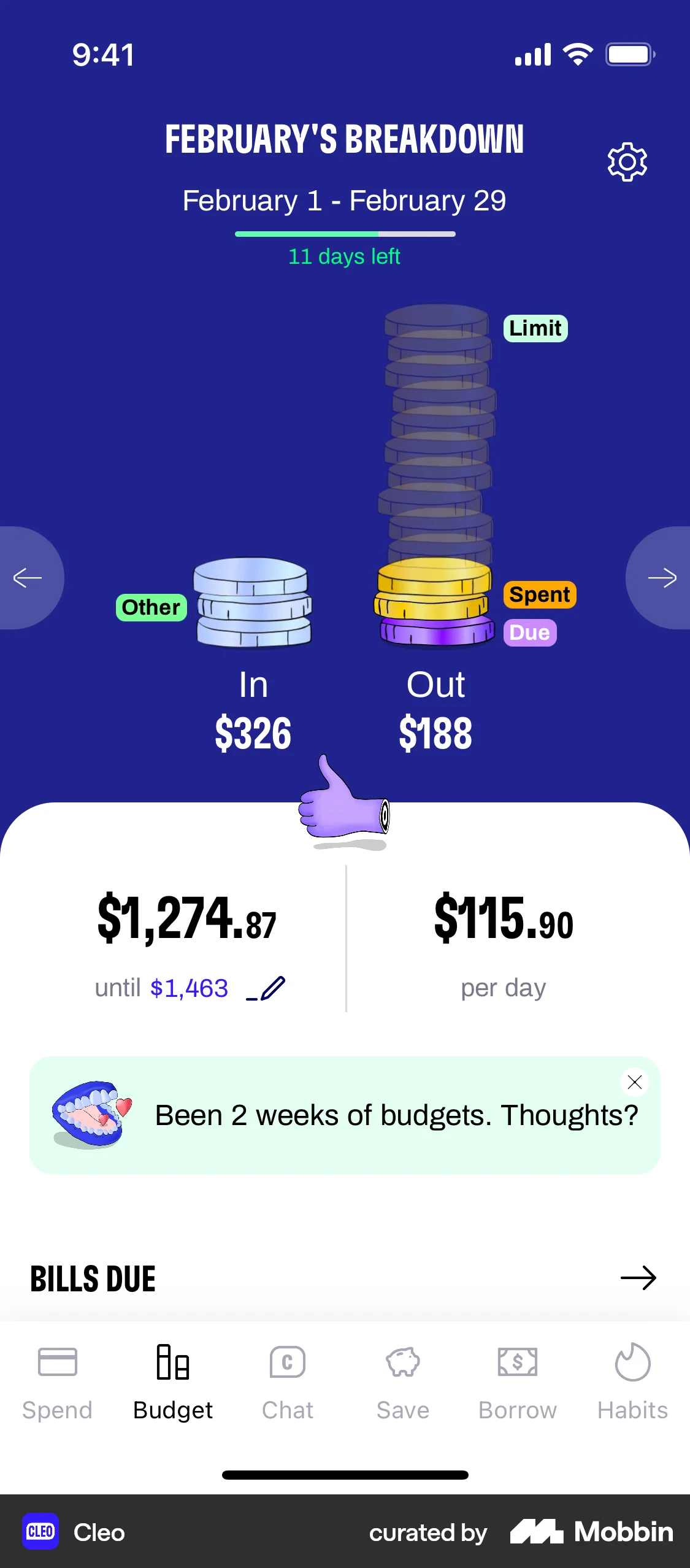 Cleo iOS Bank App Design screen