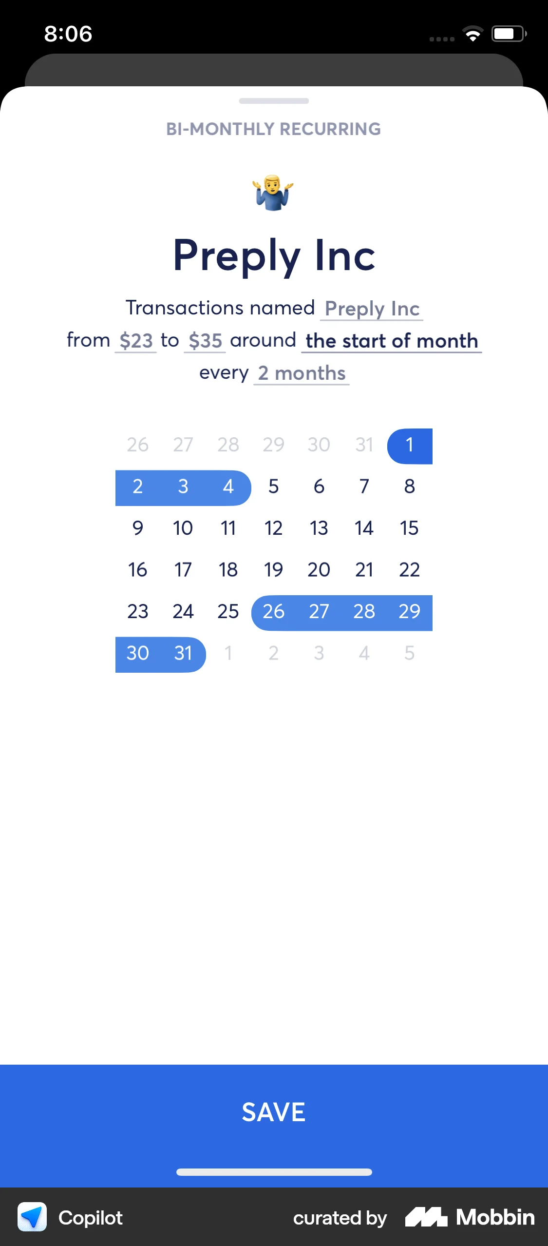 Copilot iOS Calendar screen