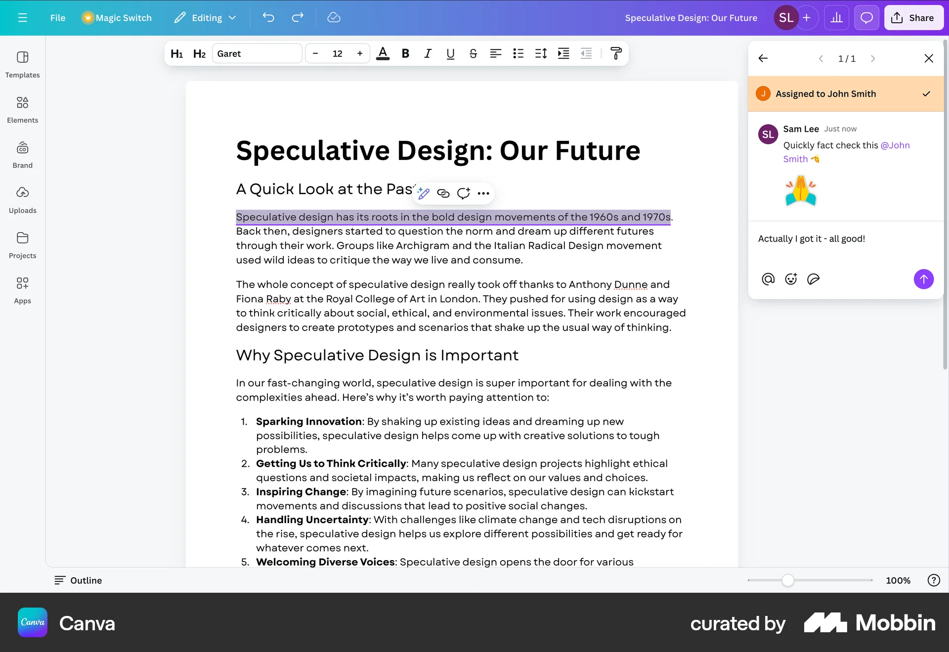 Canva Web Comments screen