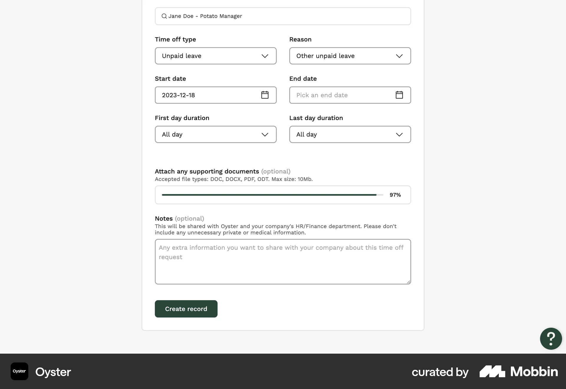 Oyster Web Web Form UI screen